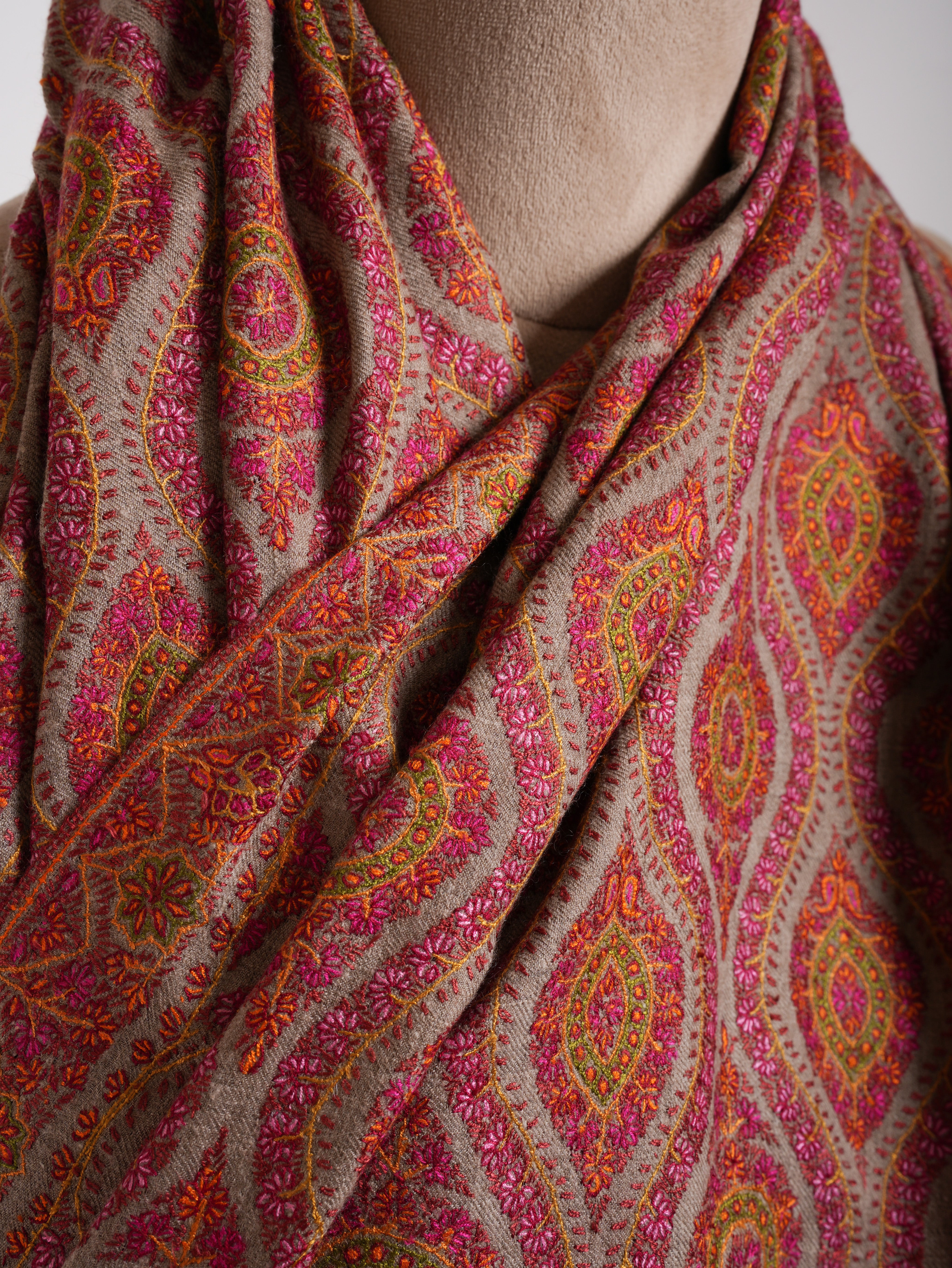 Hand Embroidered Natural Grey Pashmina Jamavar Shawl