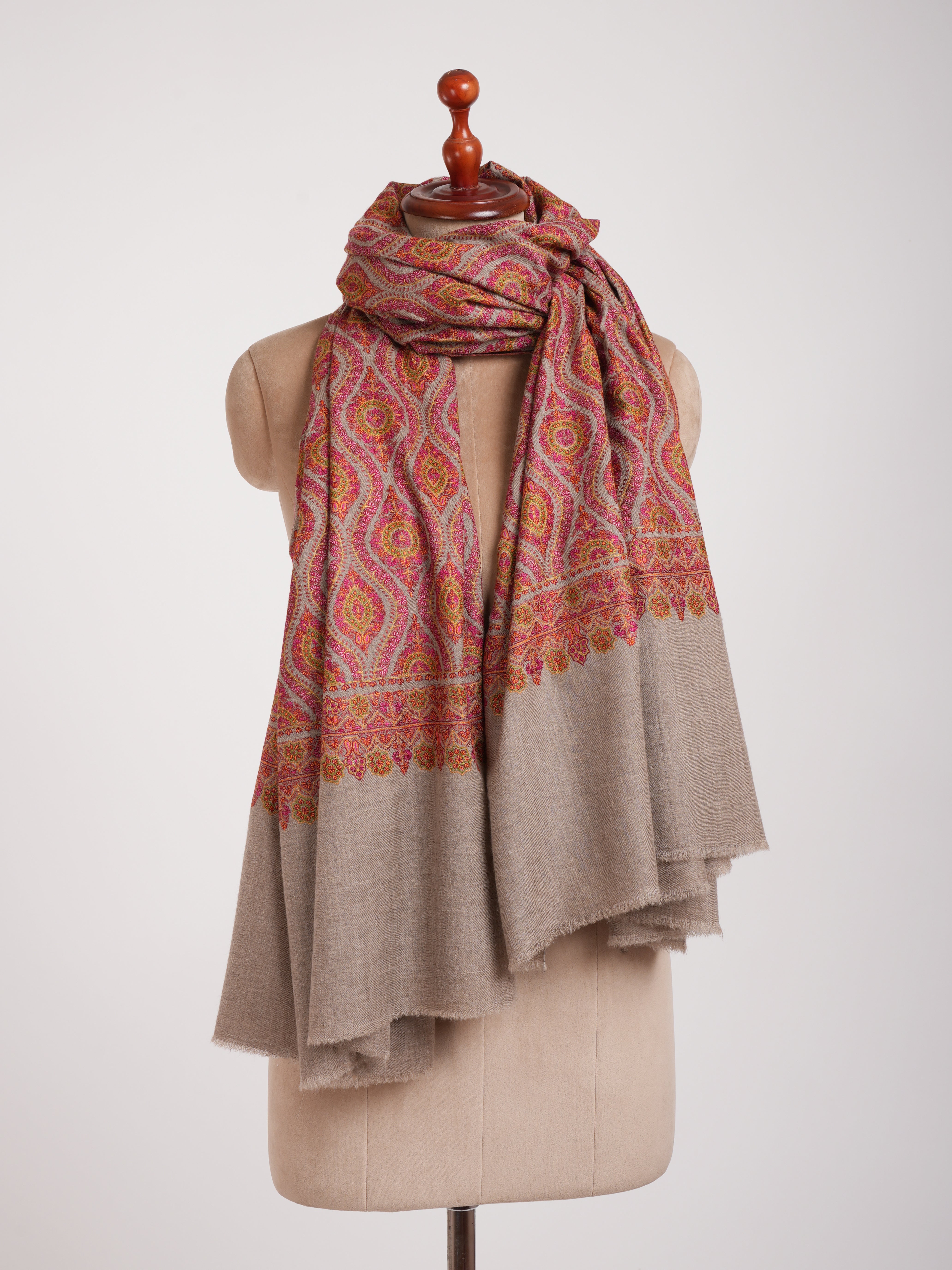 Hand Embroidered Natural Grey Pashmina Jamavar Shawl