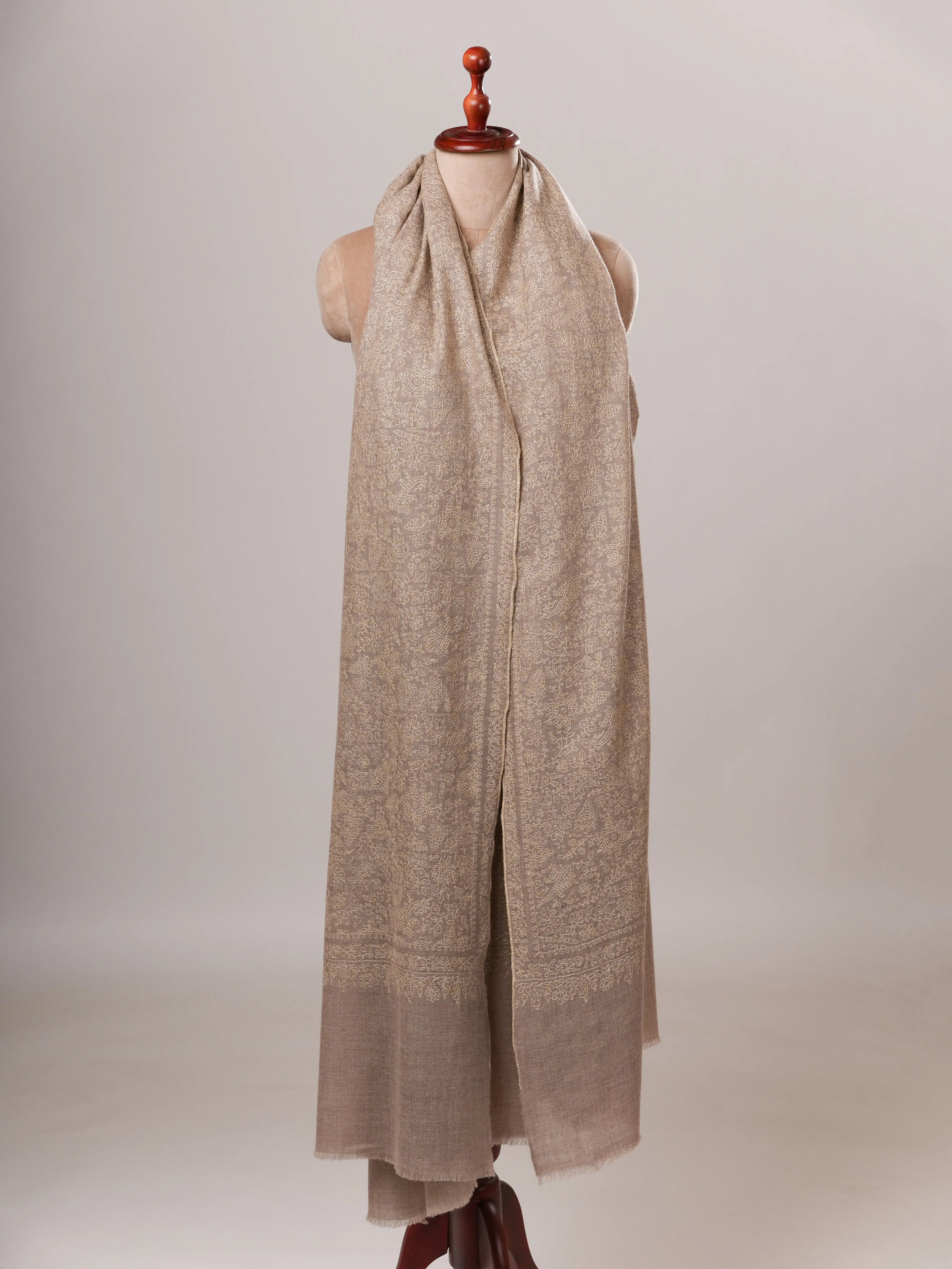 Oversized Jali Embroidered Natural Grey Handwoven Pashmina Shawl Shahkaar Global
