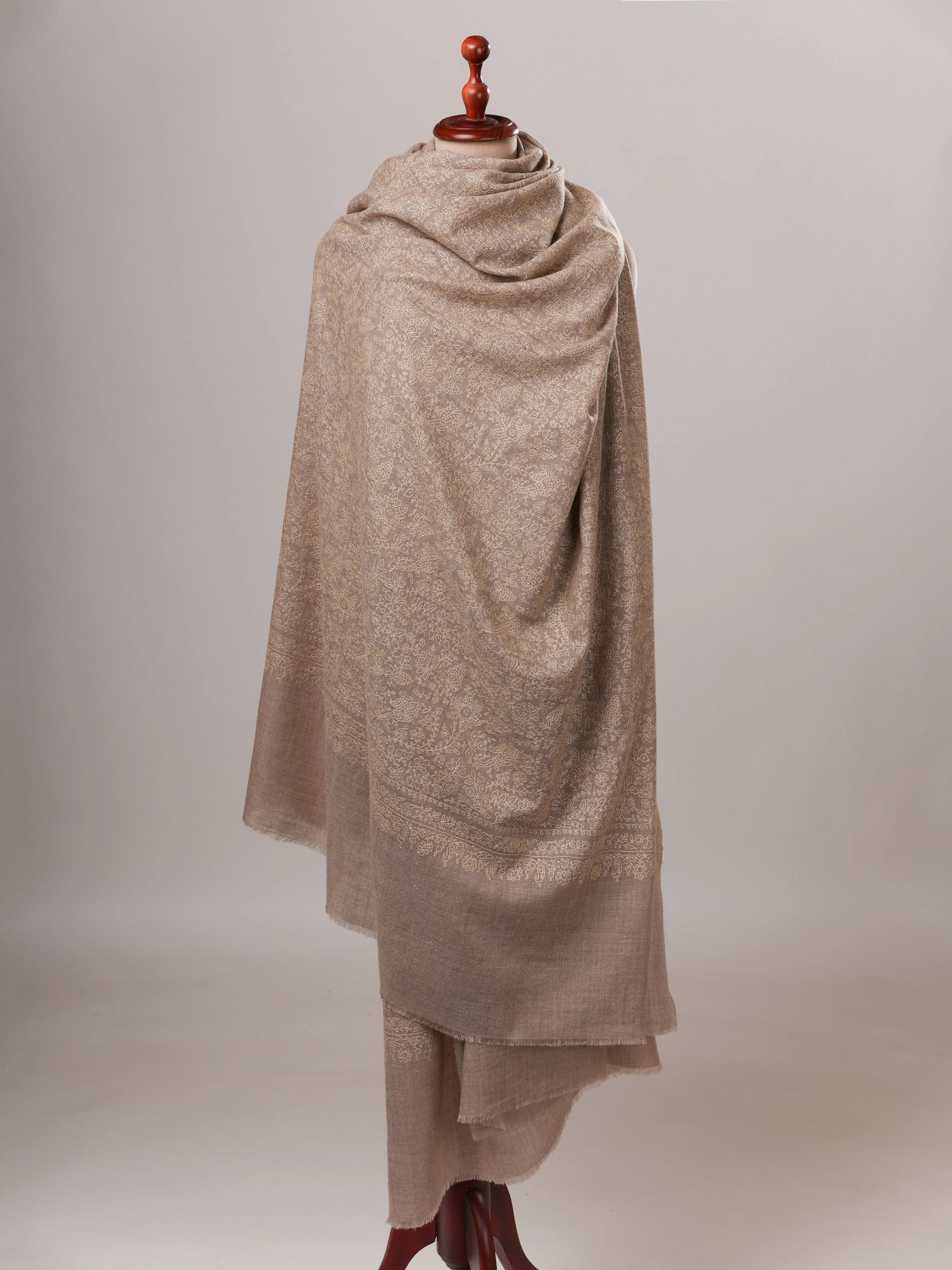 Oversized Jali Embroidered Natural Grey Handwoven Pashmina Shawl Shahkaar Global