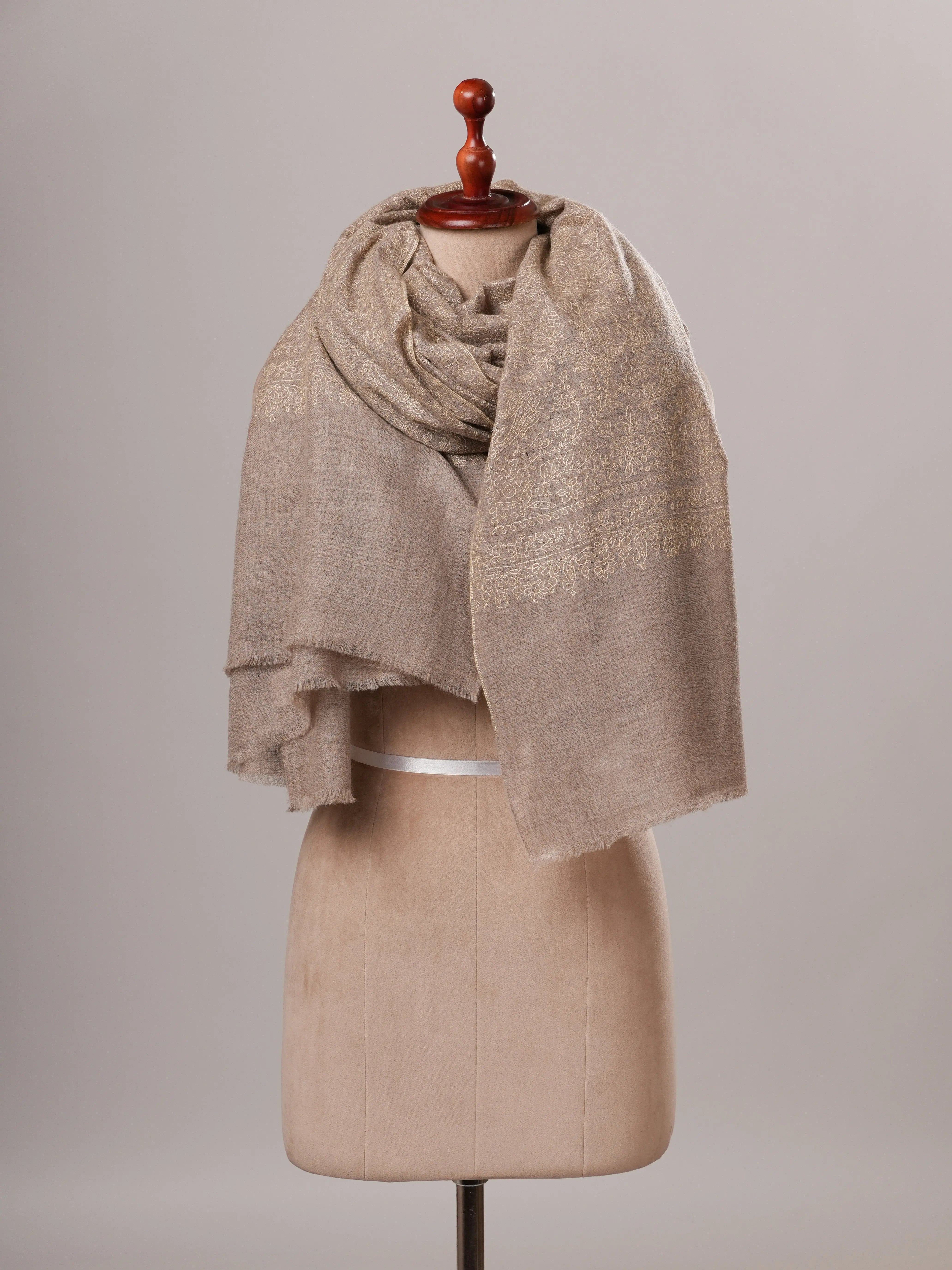 Oversized Jali Embroidered Natural Grey Handwoven Pashmina Shawl Shahkaar Global