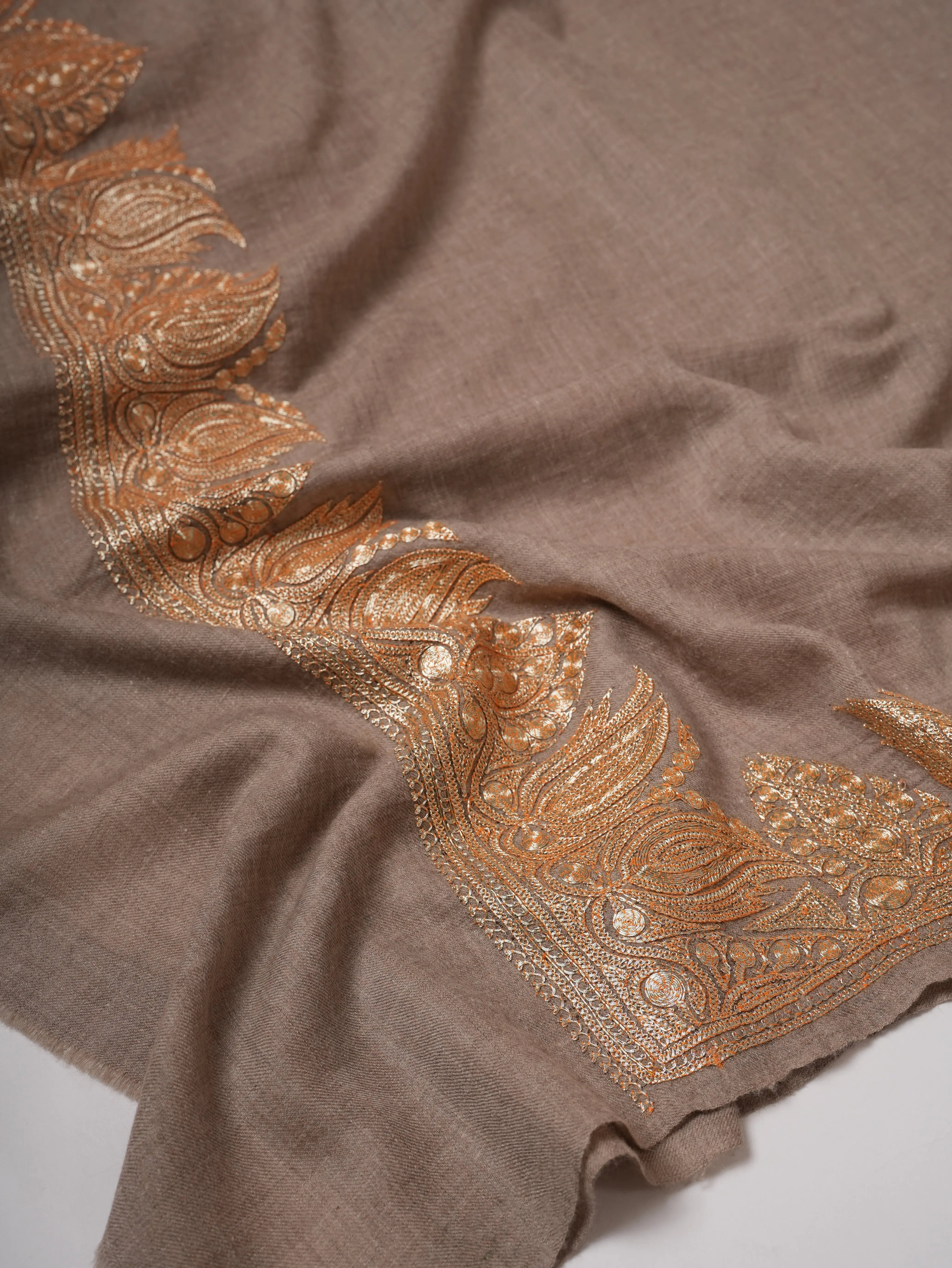 Natural Soft Pashmina Shawl with Daurdar Gold Tilla Hand Embroidery Shahkaar