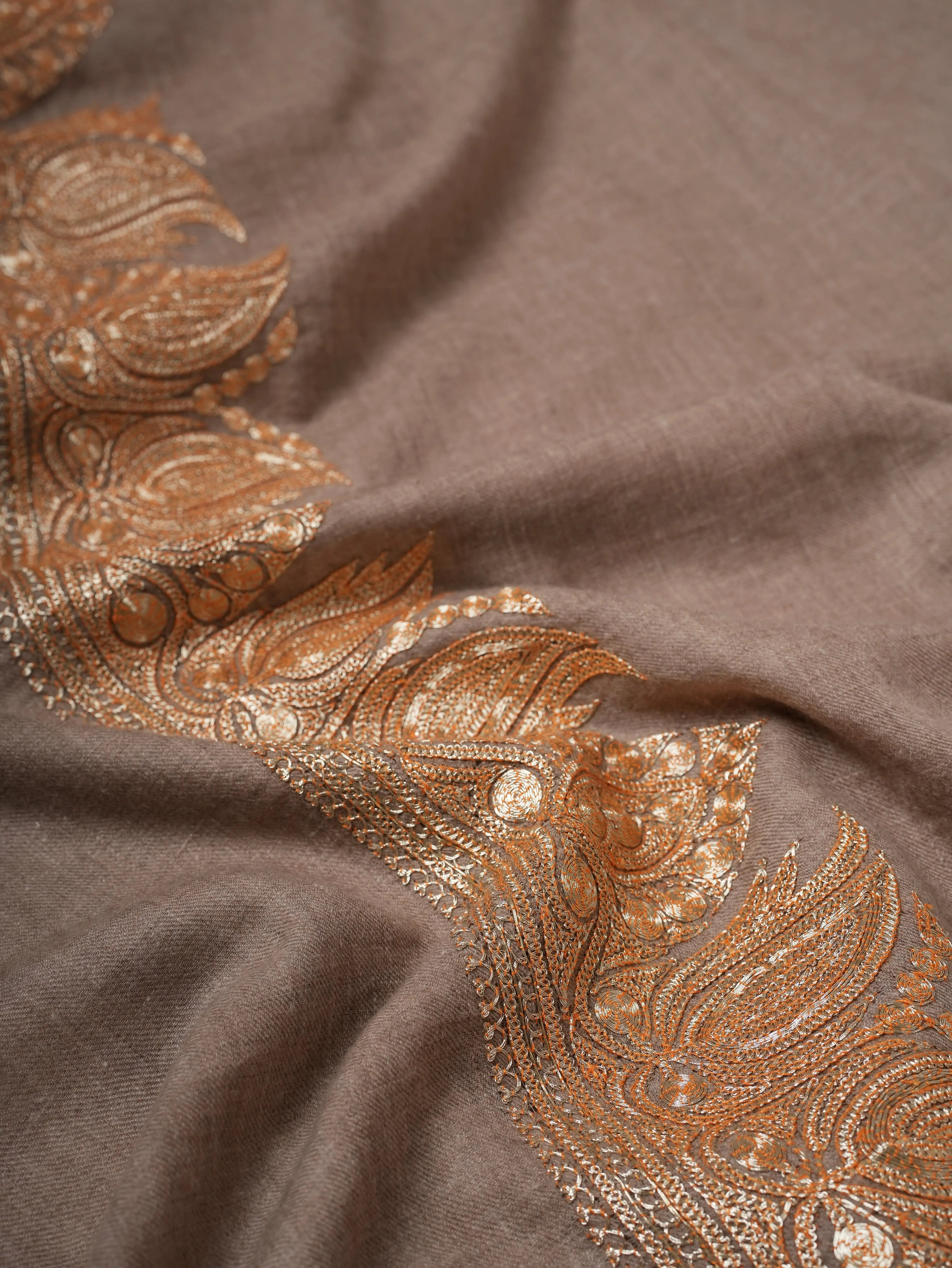 Natural Soft Pashmina Shawl with Daurdar Gold Tilla Hand Embroidery Shahkaar