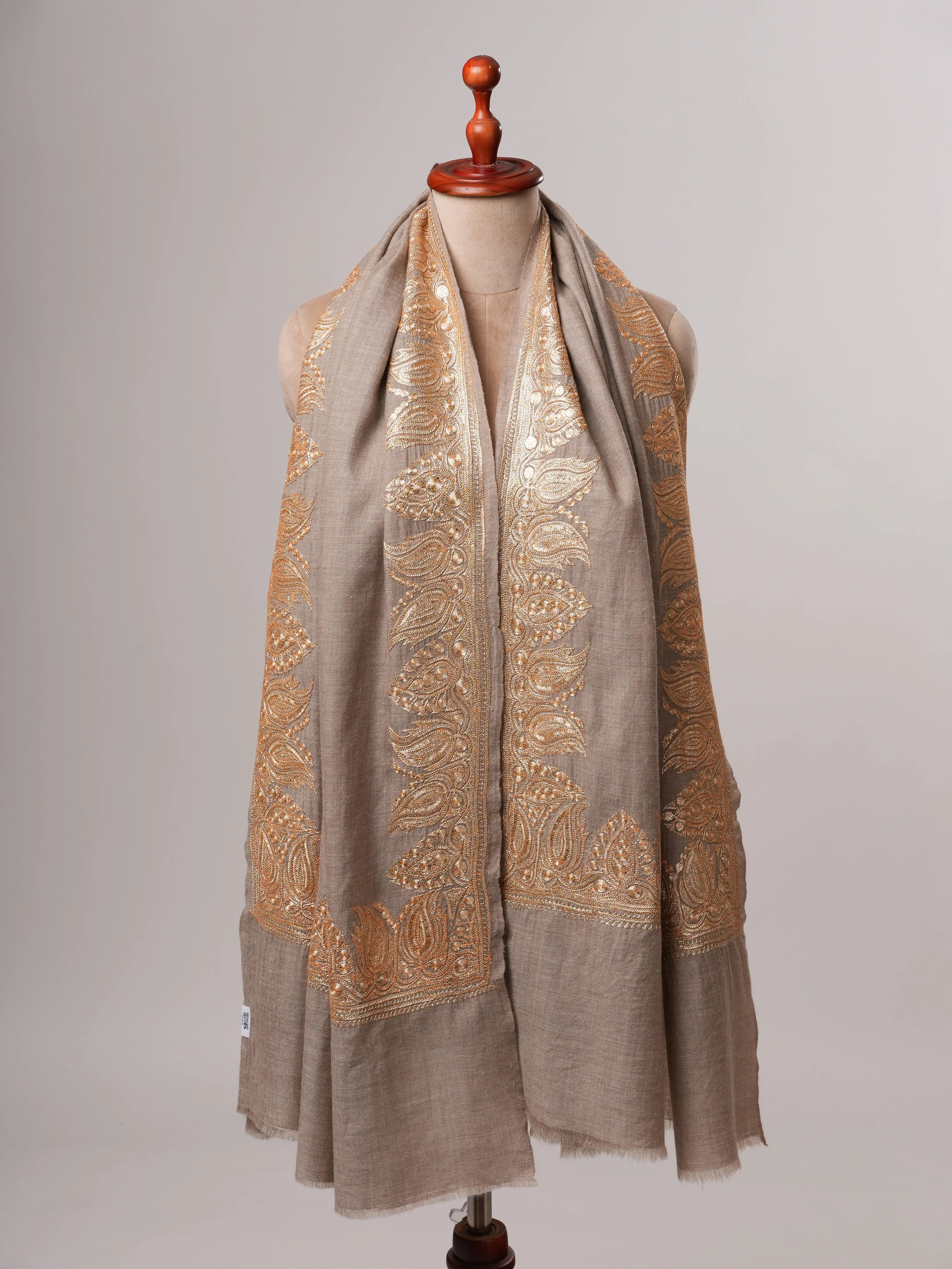 Natural Soft Pashmina Shawl with Daurdar Gold Tilla Hand Embroidery Shahkaar