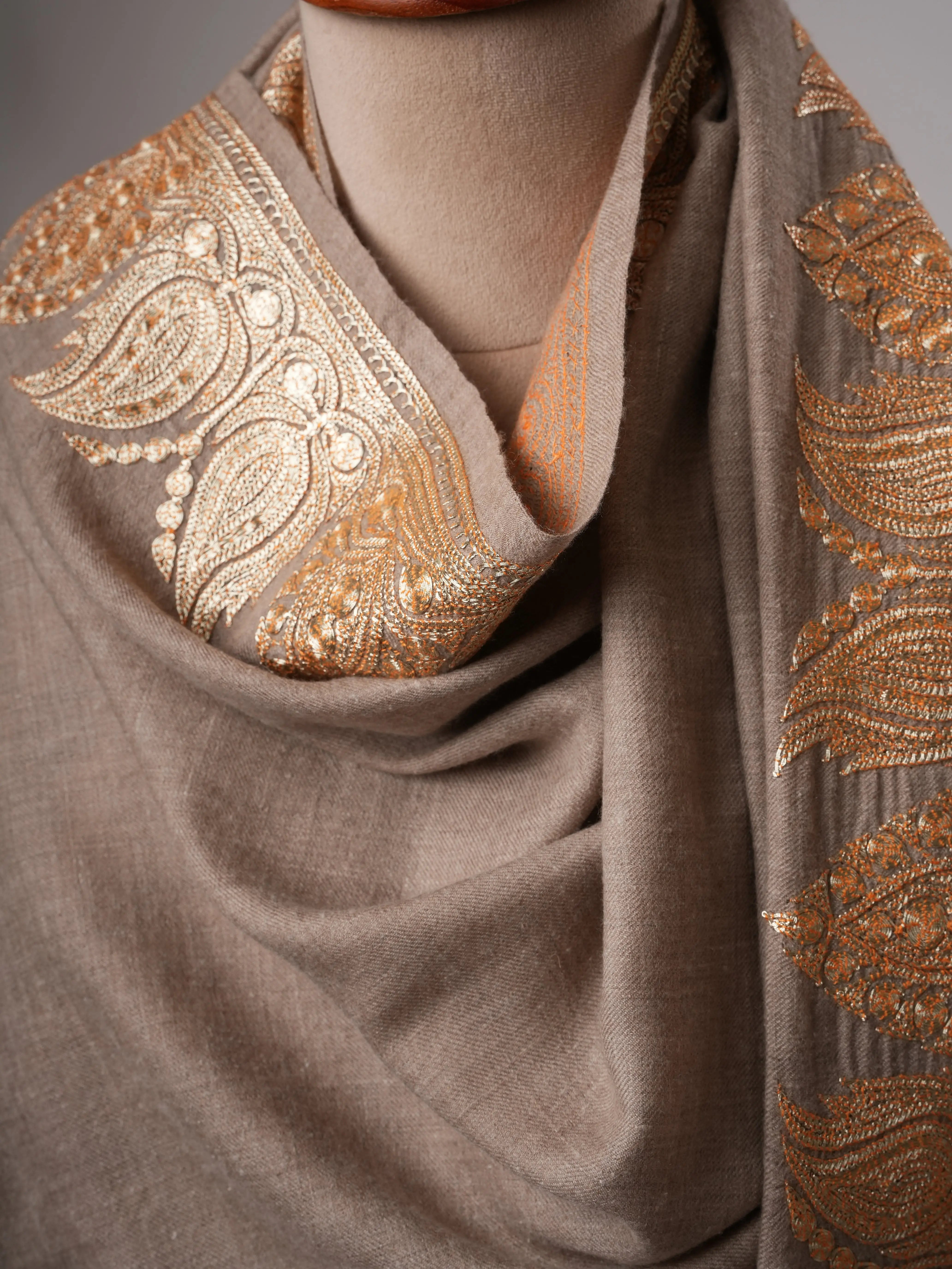 Natural Soft Pashmina Shawl with Daurdar Gold Tilla Hand Embroidery Shahkaar