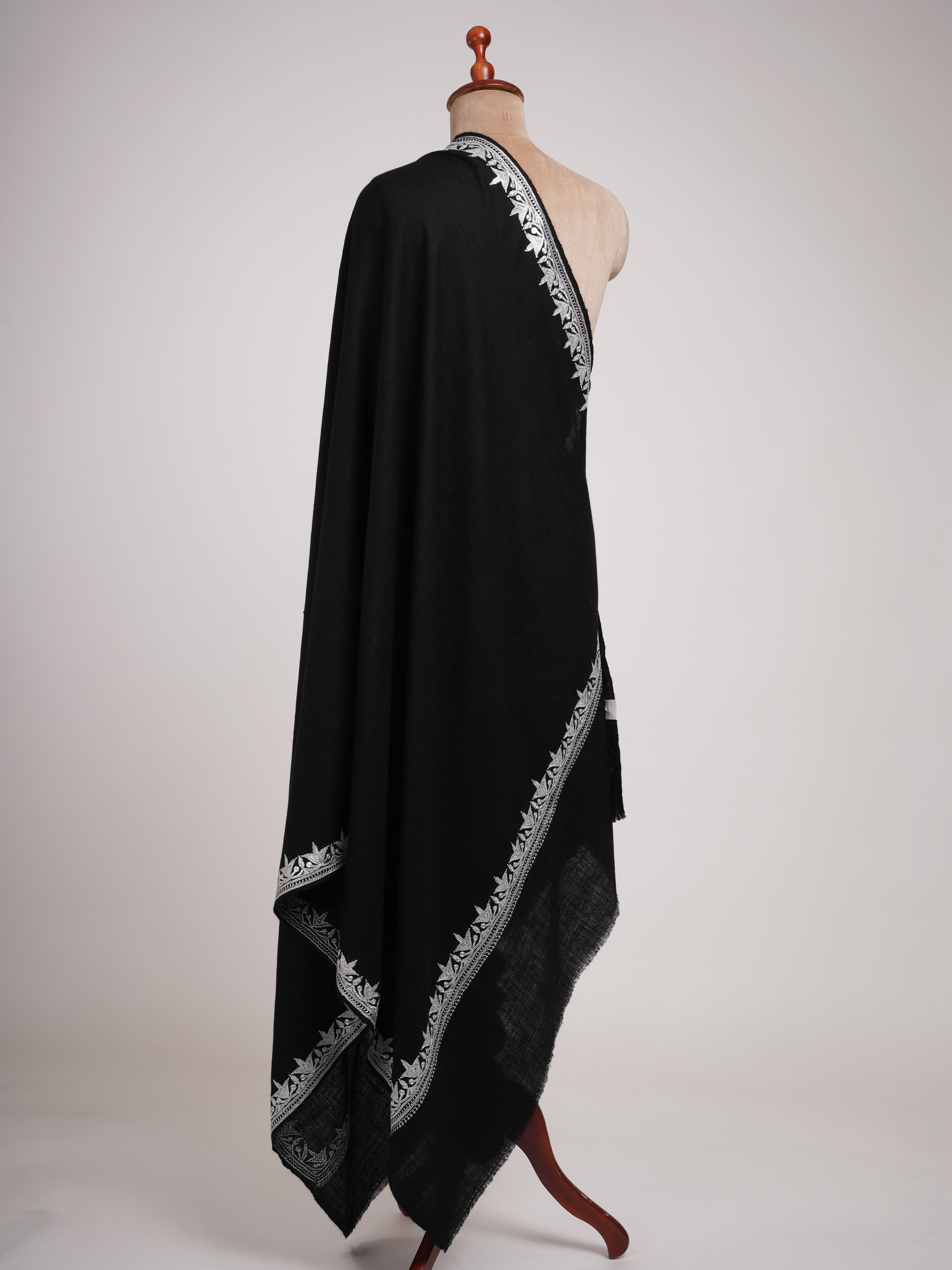 Black Pashmina Shawl with Silver Tilla Embroidery