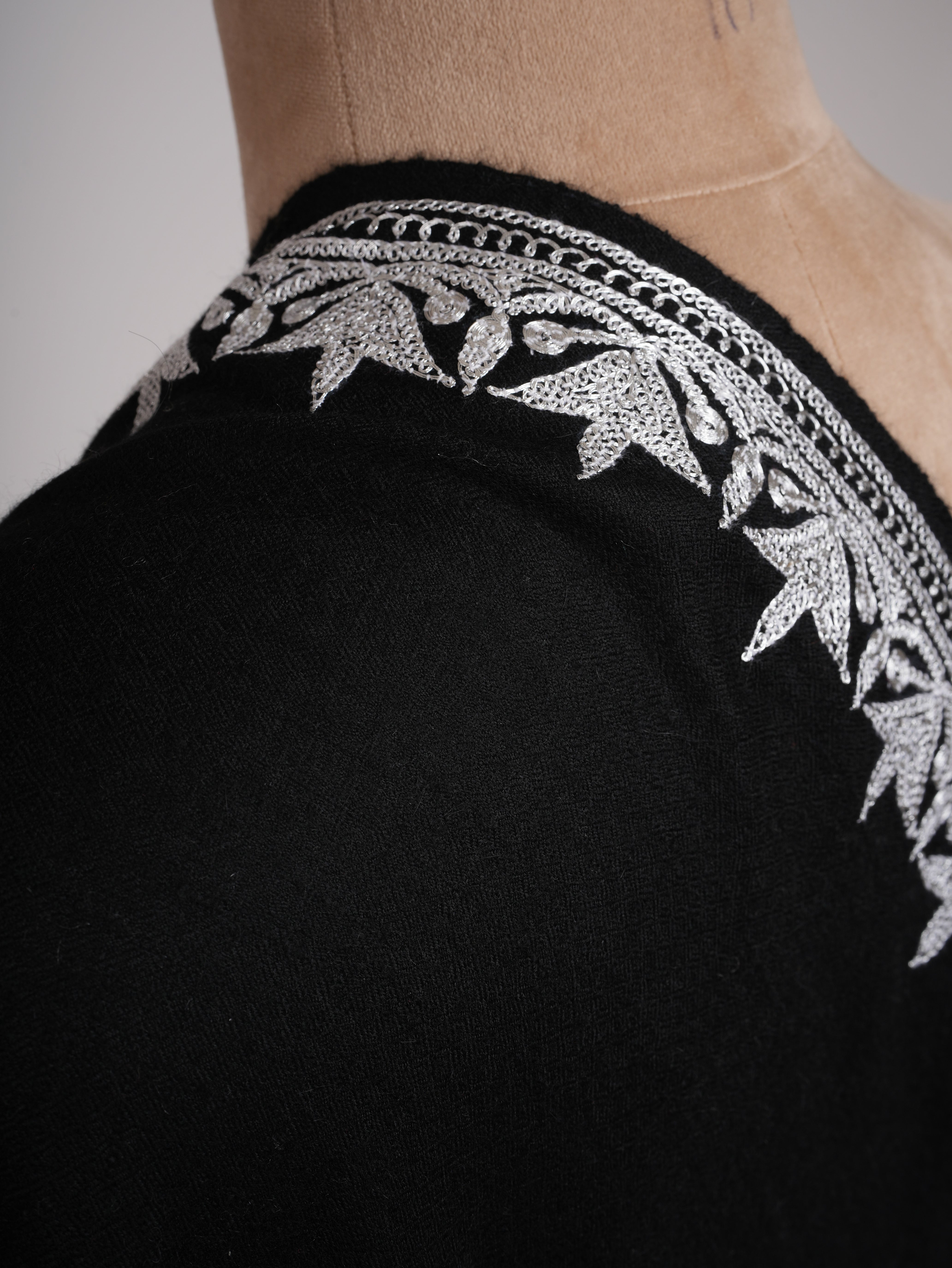 Black Pashmina Shawl with Silver Tilla Embroidery