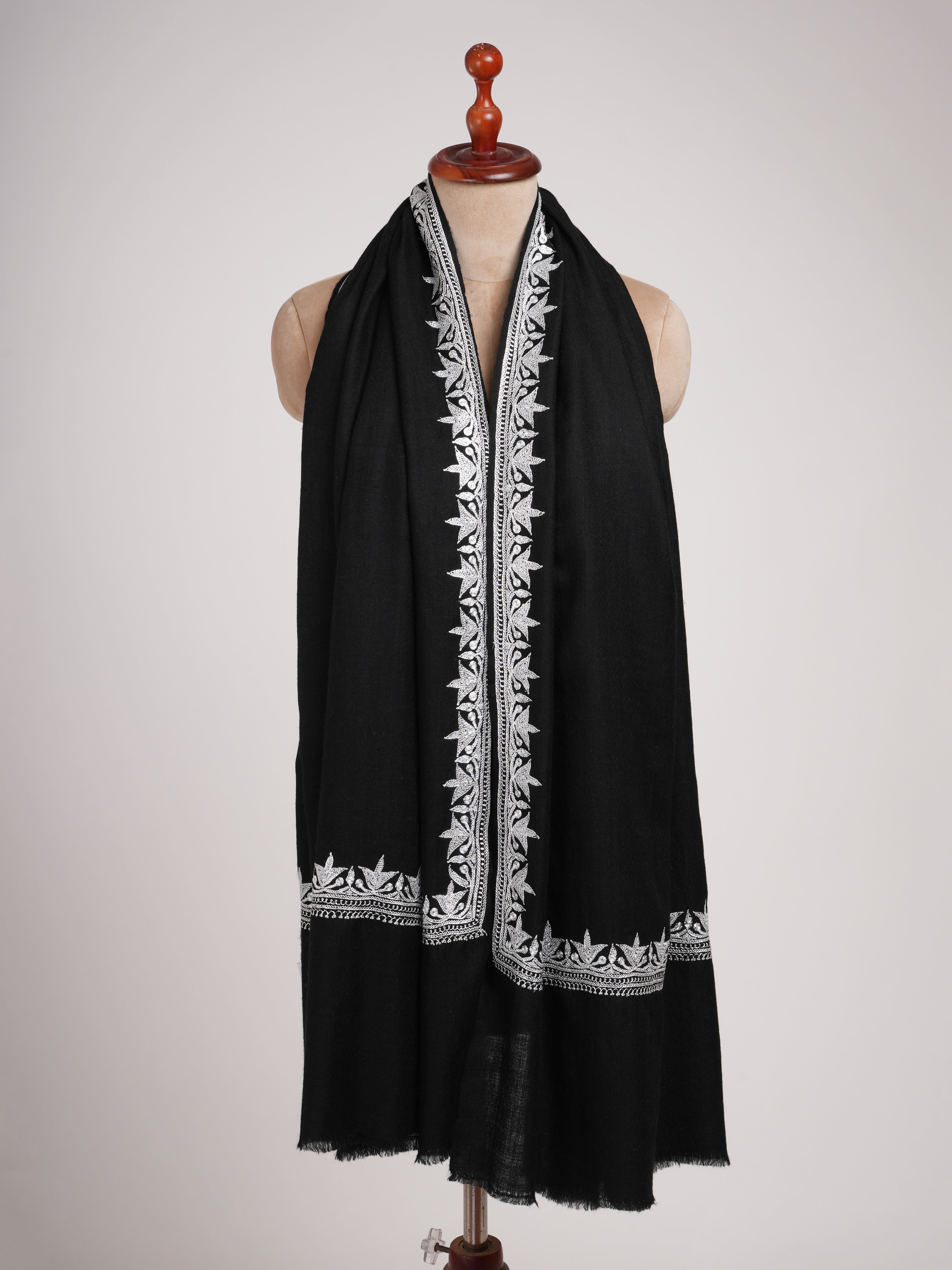 Black Pashmina Shawl with Silver Tilla Embroidery