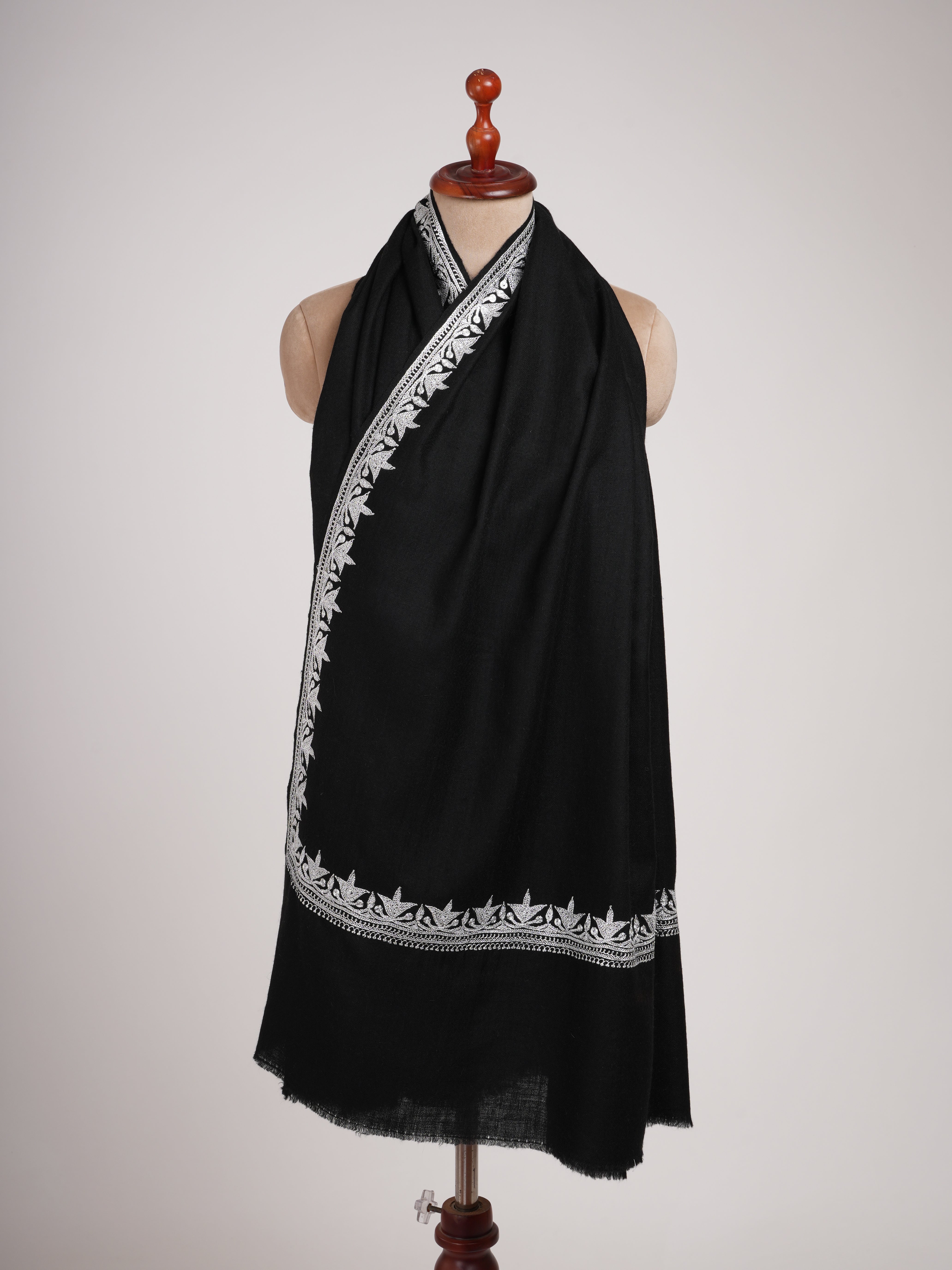 Black Pashmina Shawl with Silver Tilla Embroidery