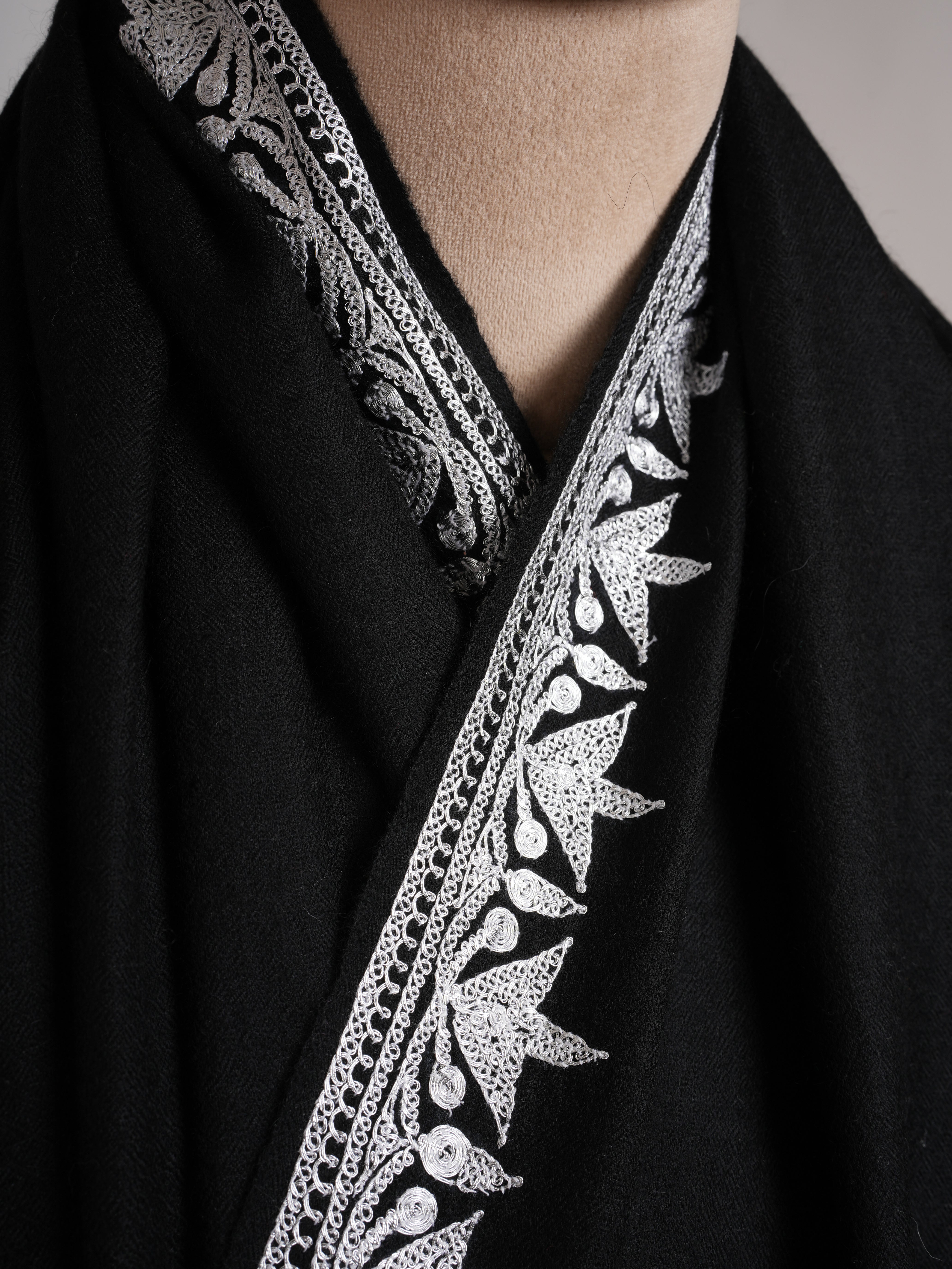 Black Pashmina Shawl with Silver Tilla Embroidery