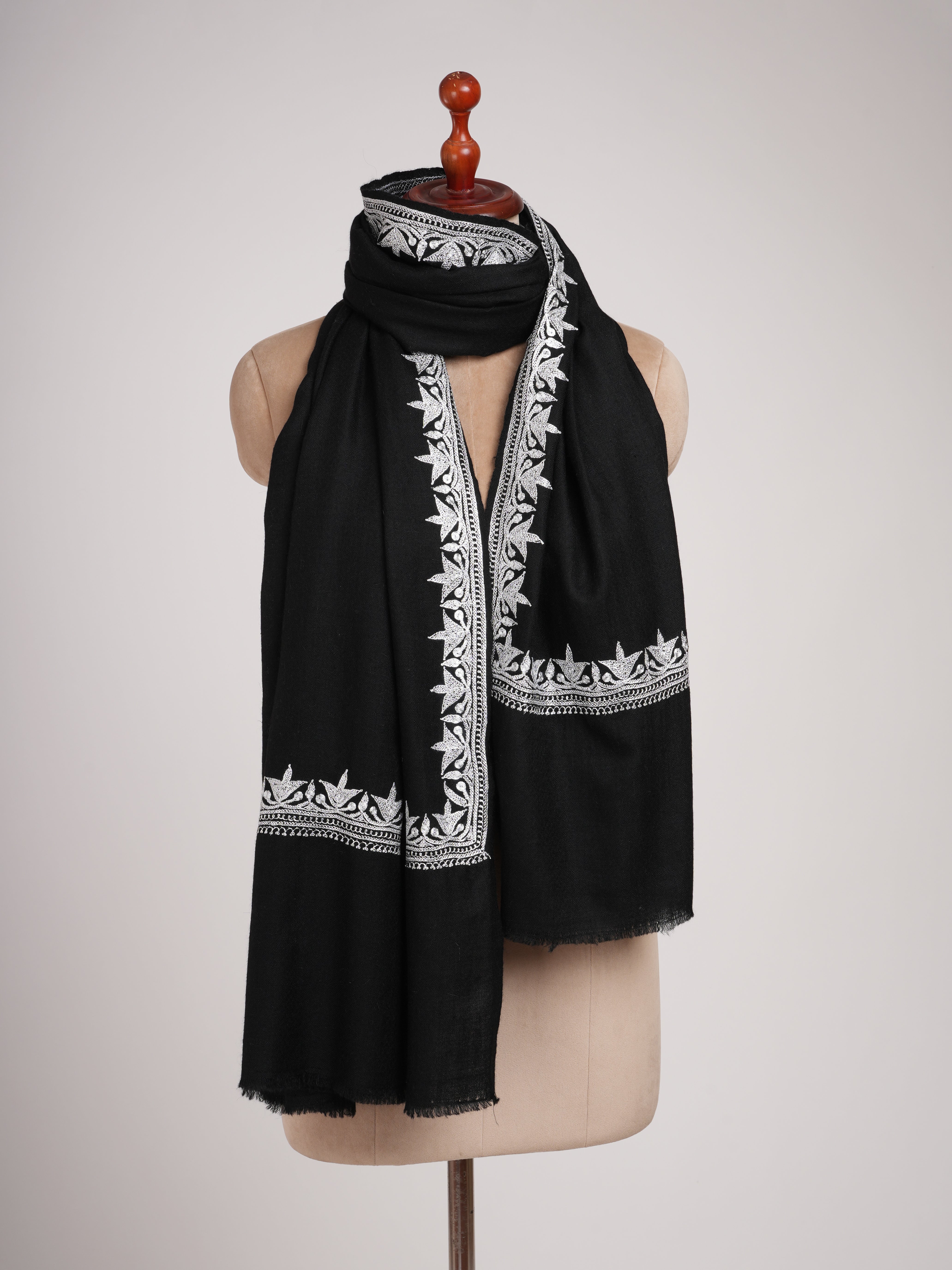 Black Pashmina Shawl with Silver Tilla Embroidery