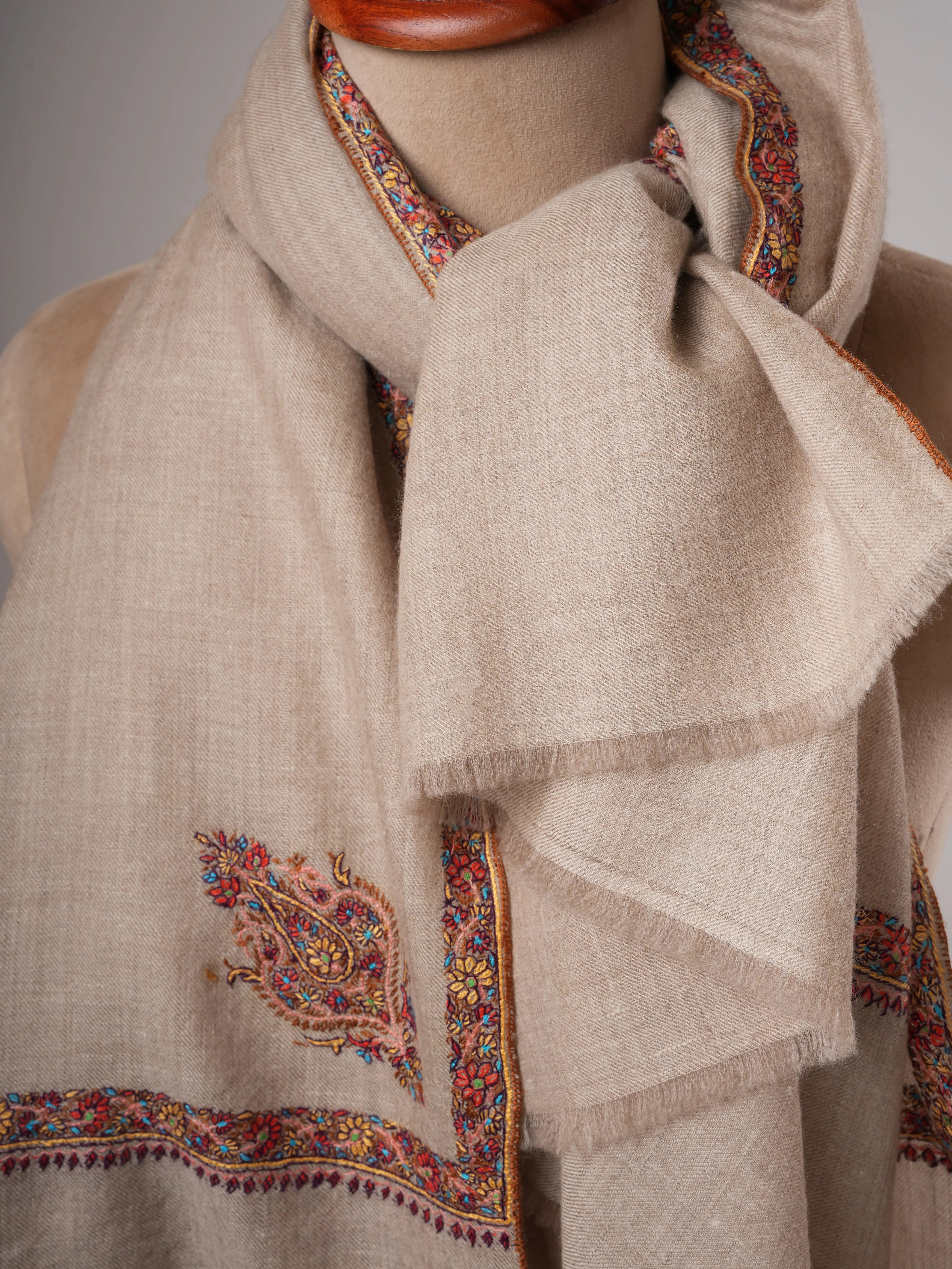 Natural Grey Hashia Embroidered Kashmiri Pashmina Shawl – Soft Timeless Luxury Shahkaar