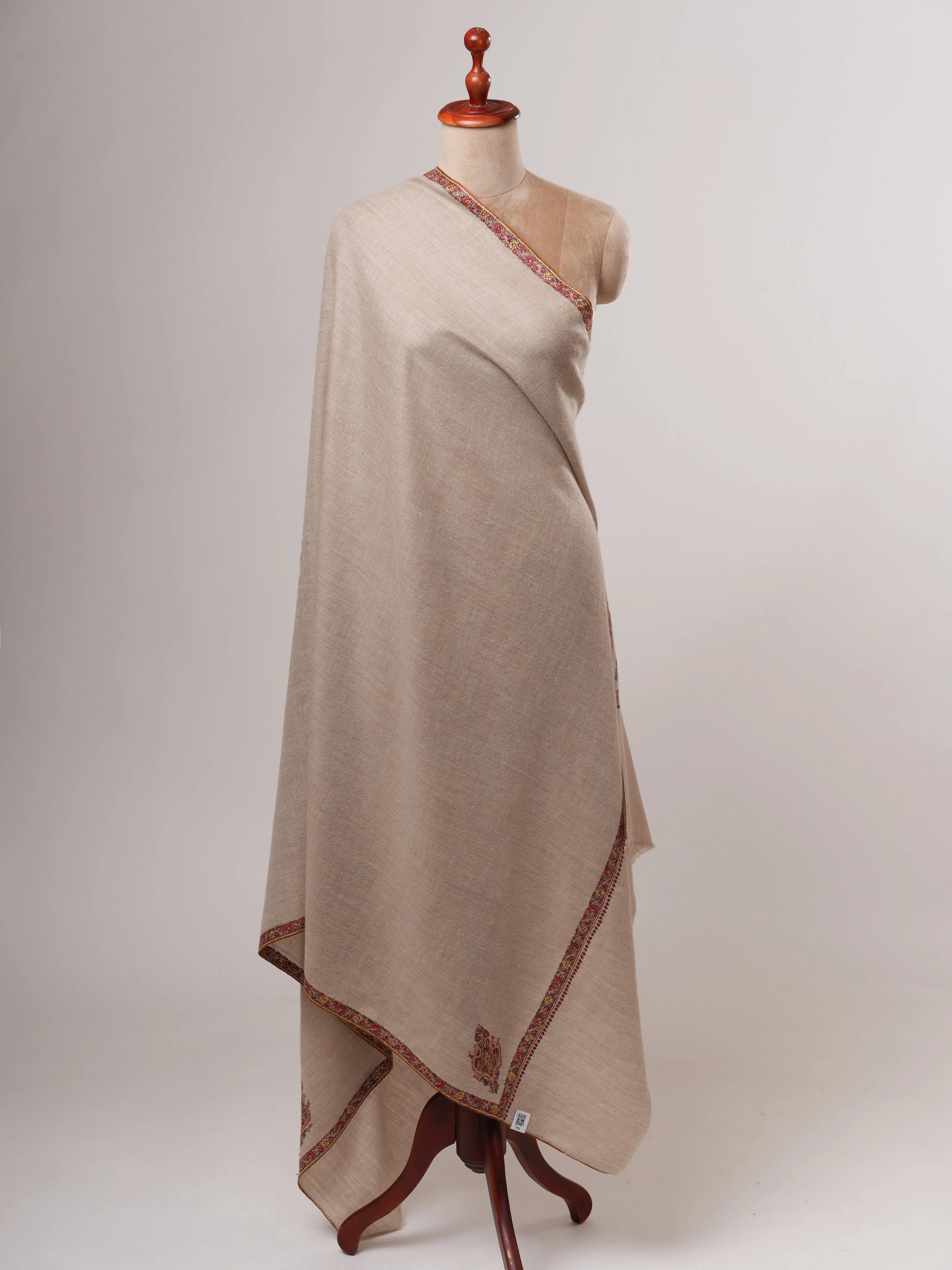 Natural Grey Hashia Embroidered Kashmiri Pashmina Shawl – Soft Timeless Luxury Shahkaar