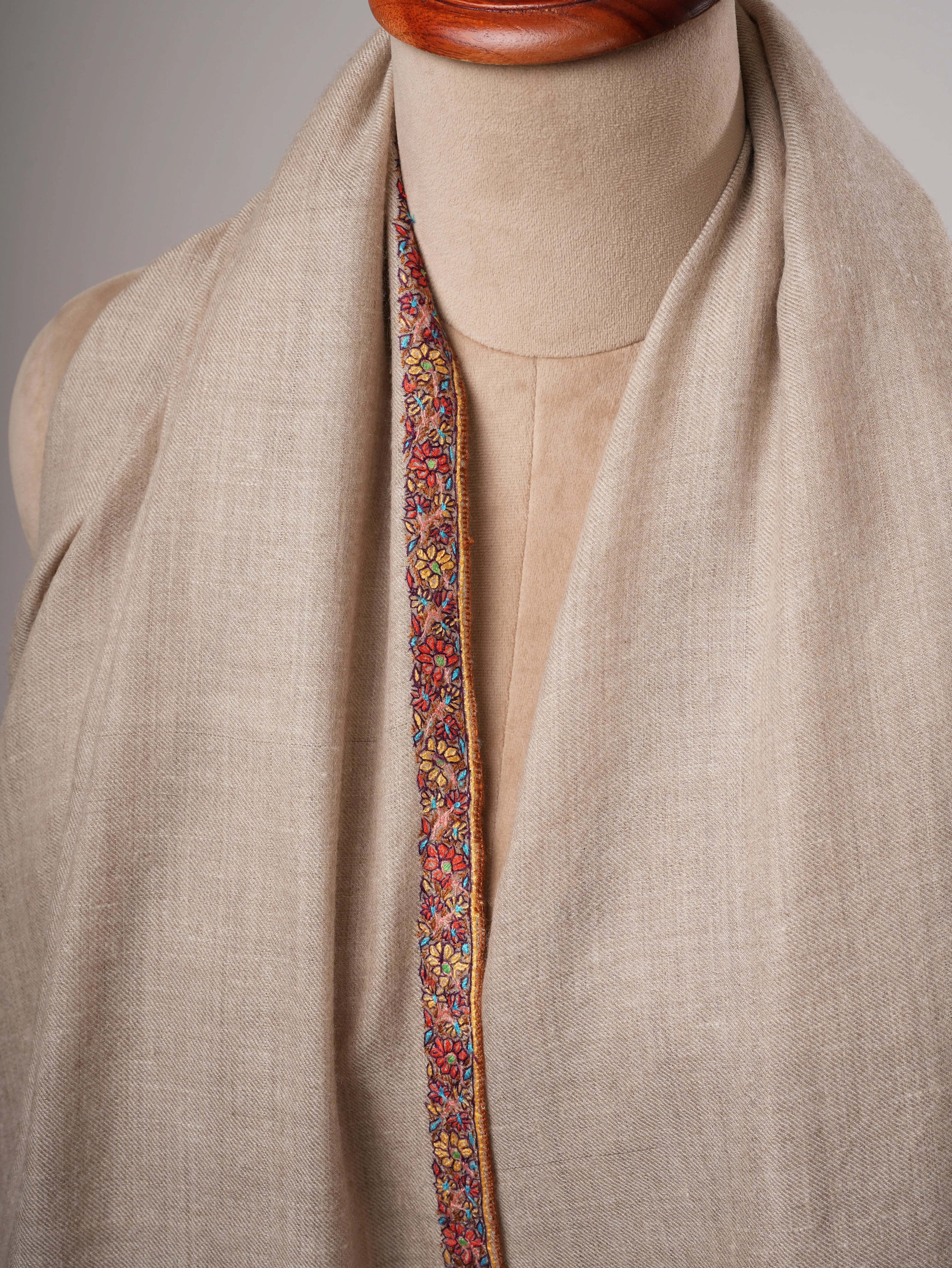 Natural Grey Hashia Embroidered Kashmiri Pashmina Shawl – Soft Timeless Luxury Shahkaar