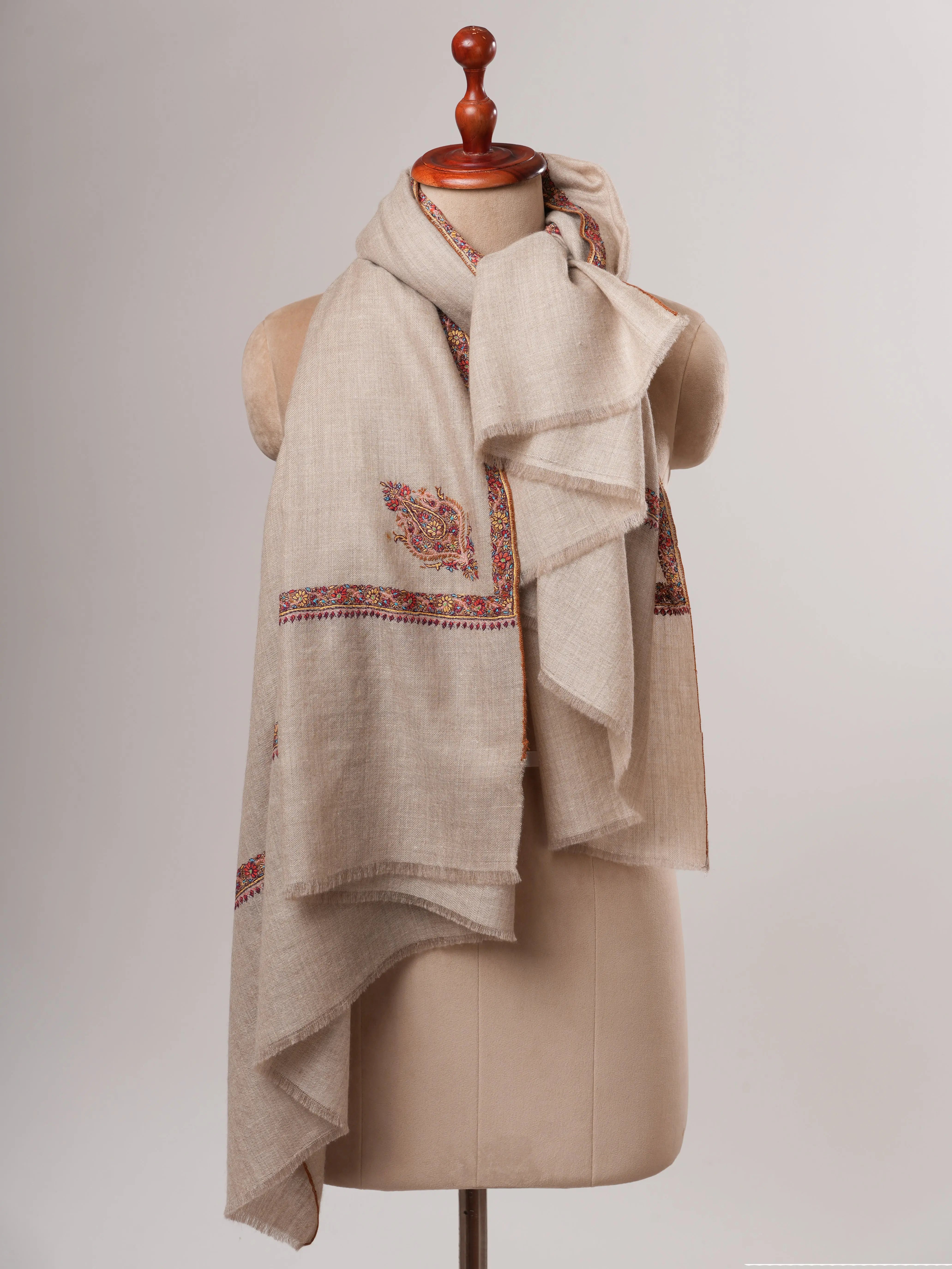 Natural Grey Hashia Embroidered Kashmiri Pashmina Shawl – Soft Timeless Luxury Shahkaar