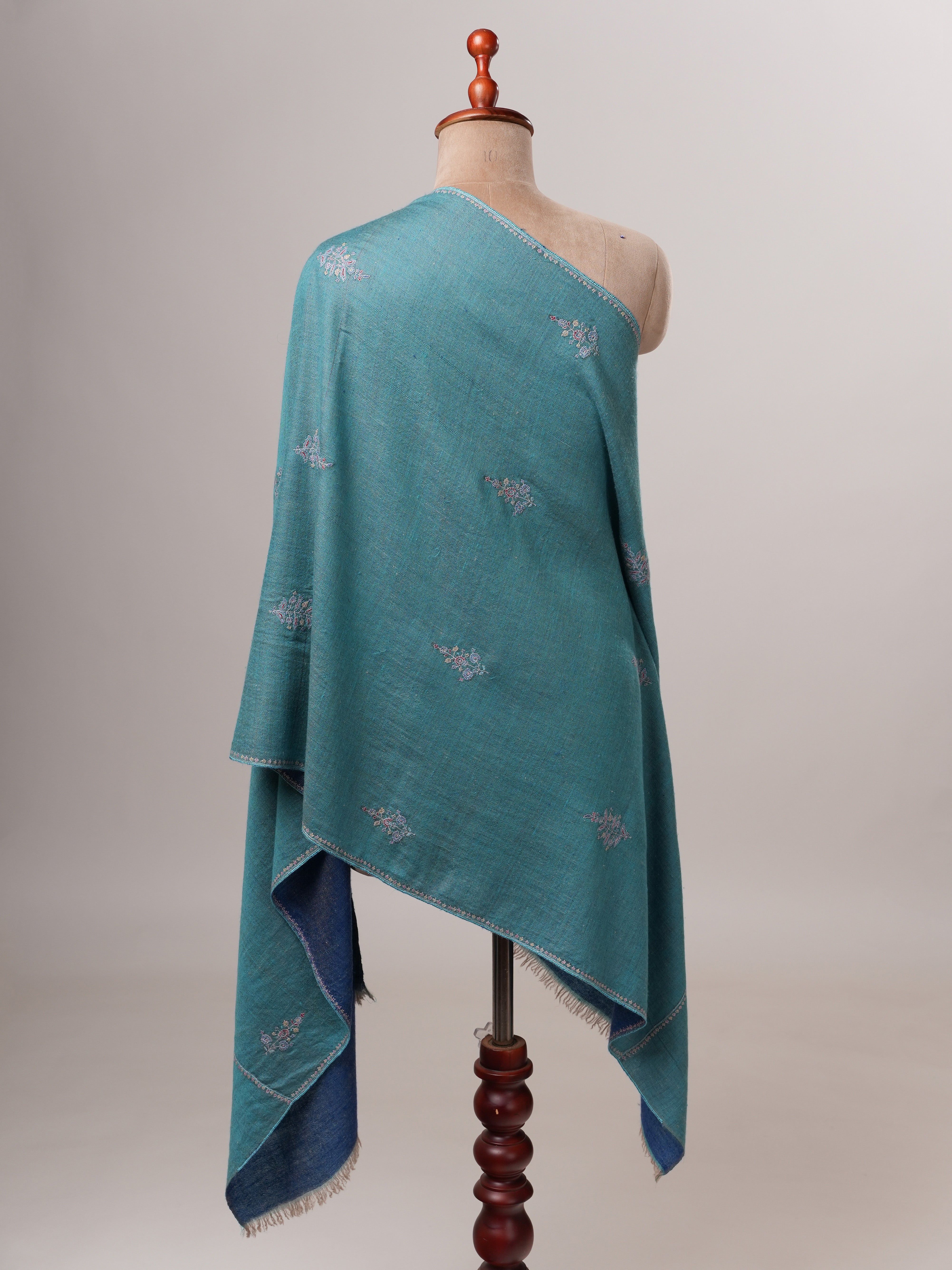 Artisan Crafted Dark Blue and Turquoise Cashmere Scarf with Hand-Embroidered Buteh Shahkaar