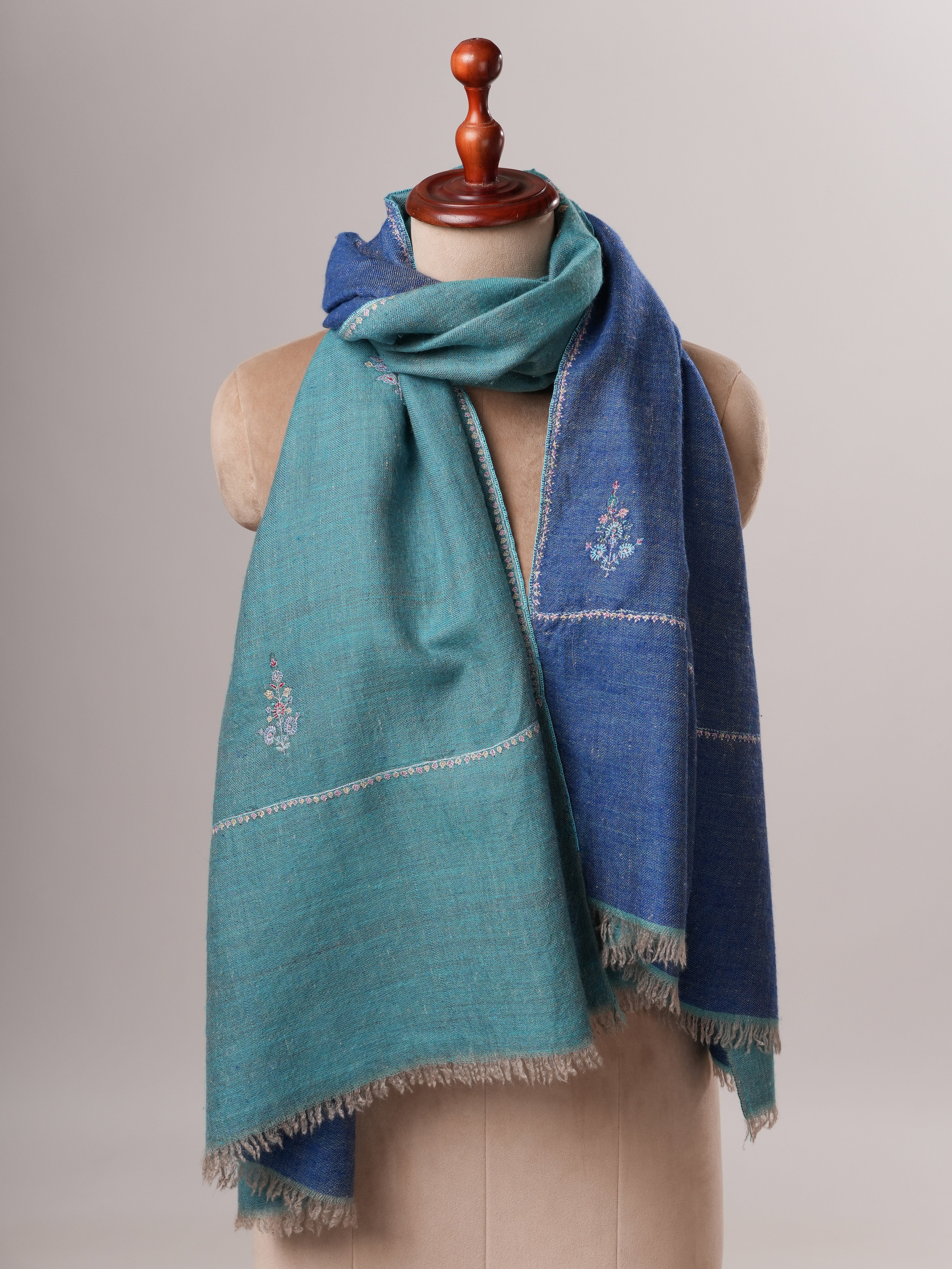 Artisan Crafted Dark Blue and Turquoise Cashmere Scarf with Hand-Embroidered Buteh Shahkaar