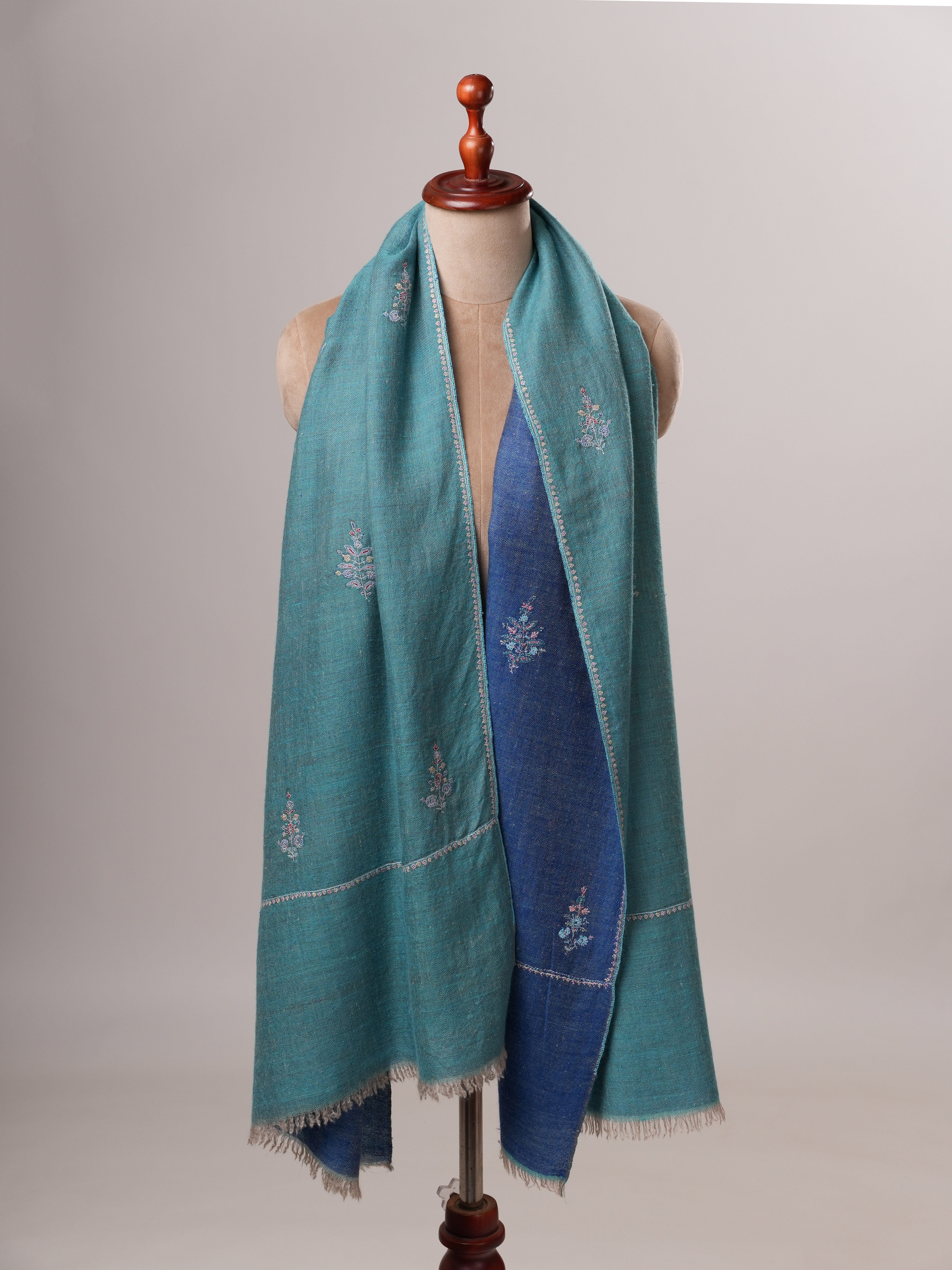 Artisan Crafted Dark Blue and Turquoise Cashmere Scarf with Hand-Embroidered Buteh Shahkaar