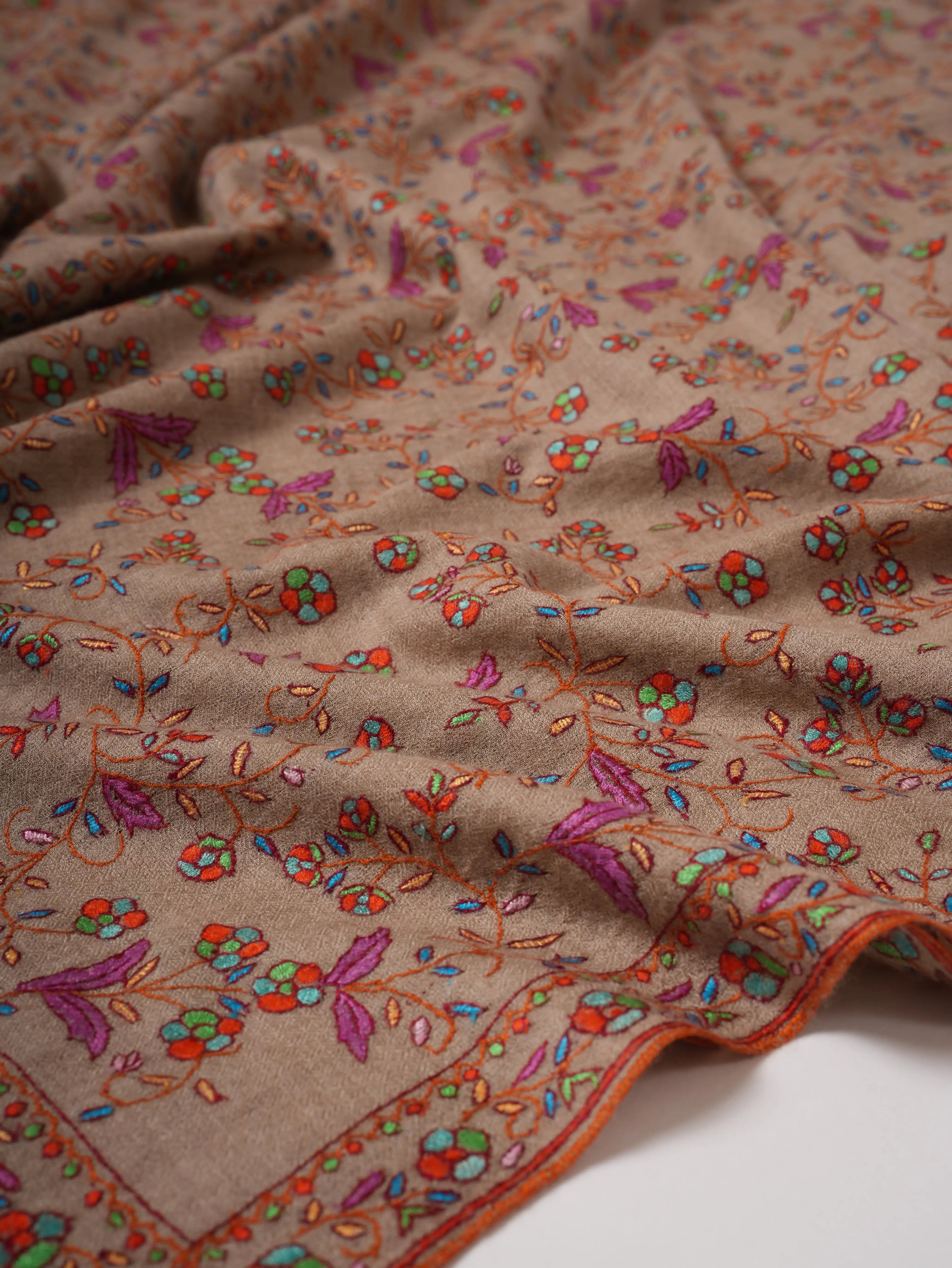 Natural Grey Kashmiri Pashmina Shawl with Jali Hand Embroidery Shahkaar