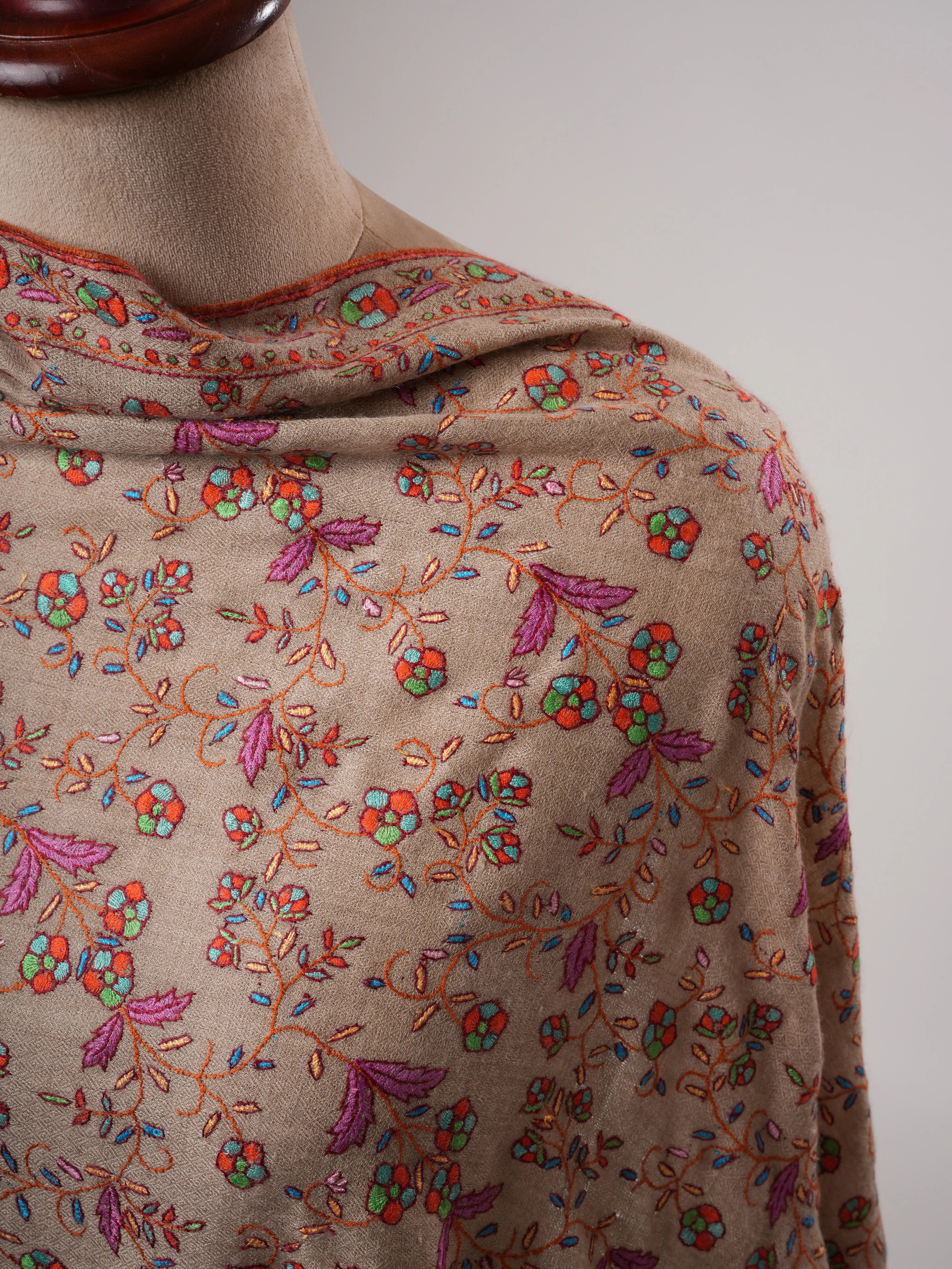 Natural Grey Kashmiri Pashmina Shawl with Jali Hand Embroidery Shahkaar
