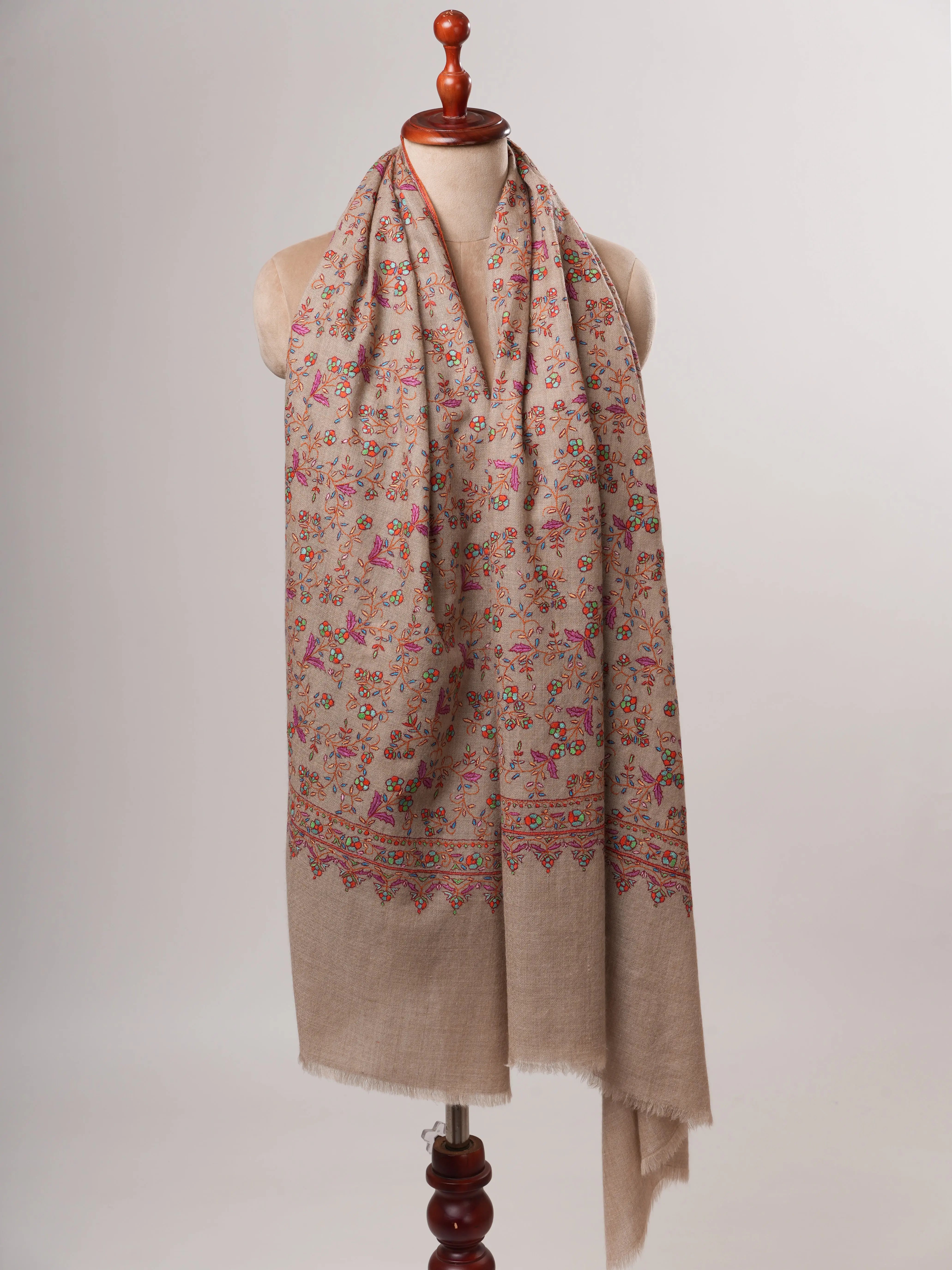 Natural Grey Kashmiri Pashmina Shawl with Jali Hand Embroidery Shahkaar