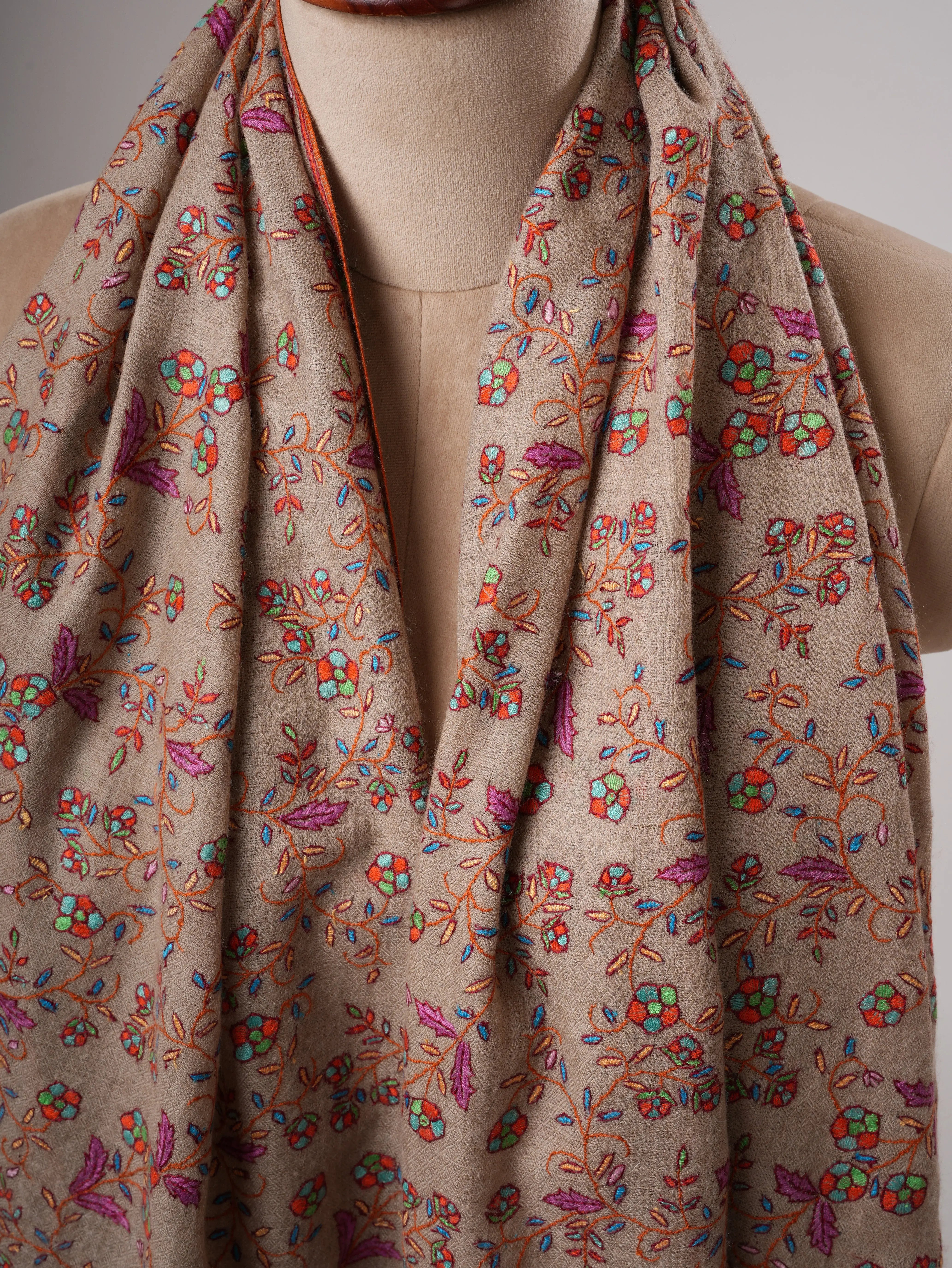 Natural Grey Kashmiri Pashmina Shawl with Jali Hand Embroidery Shahkaar