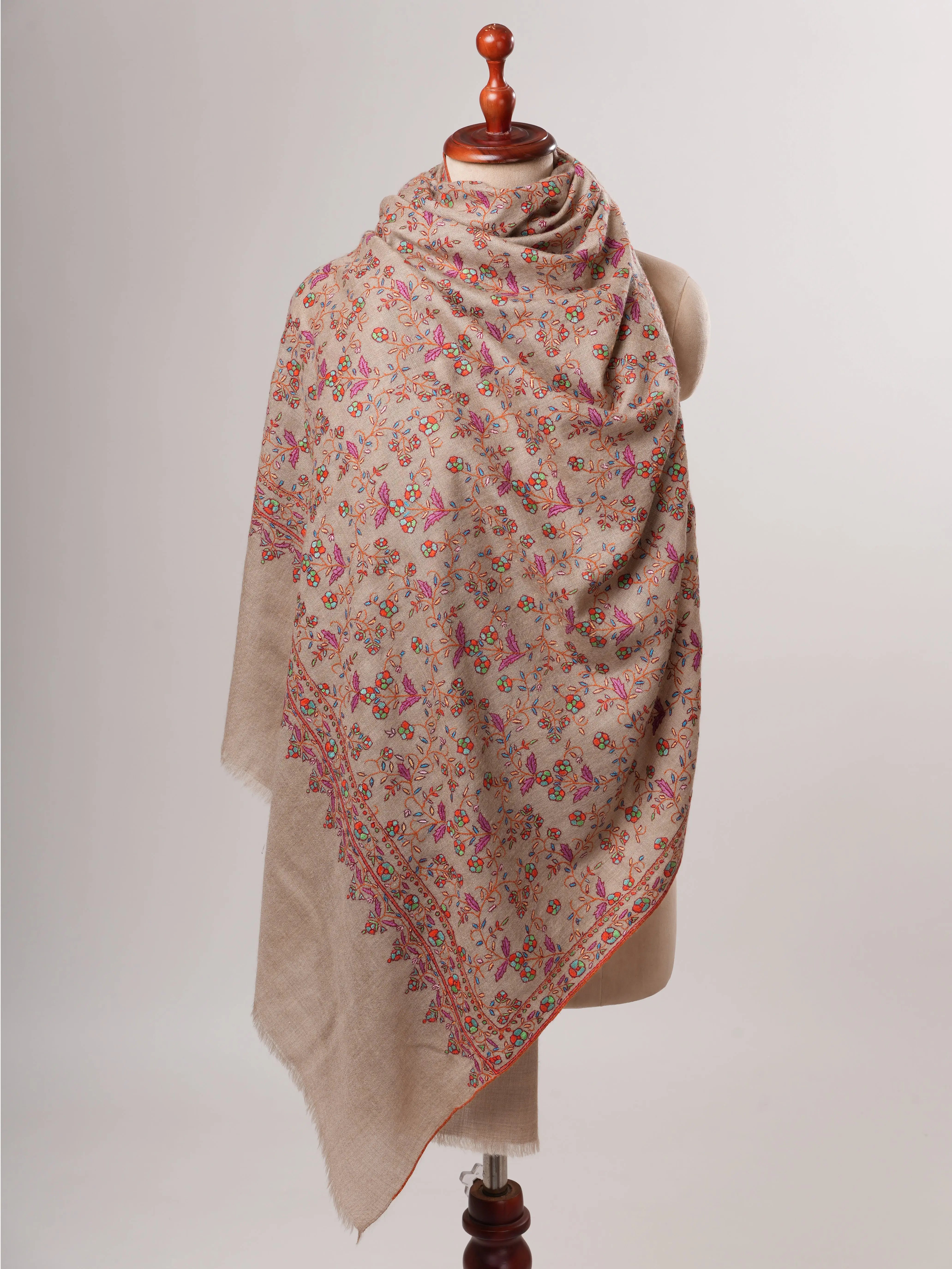 Natural Grey Kashmiri Pashmina Shawl with Jali Hand Embroidery Shahkaar