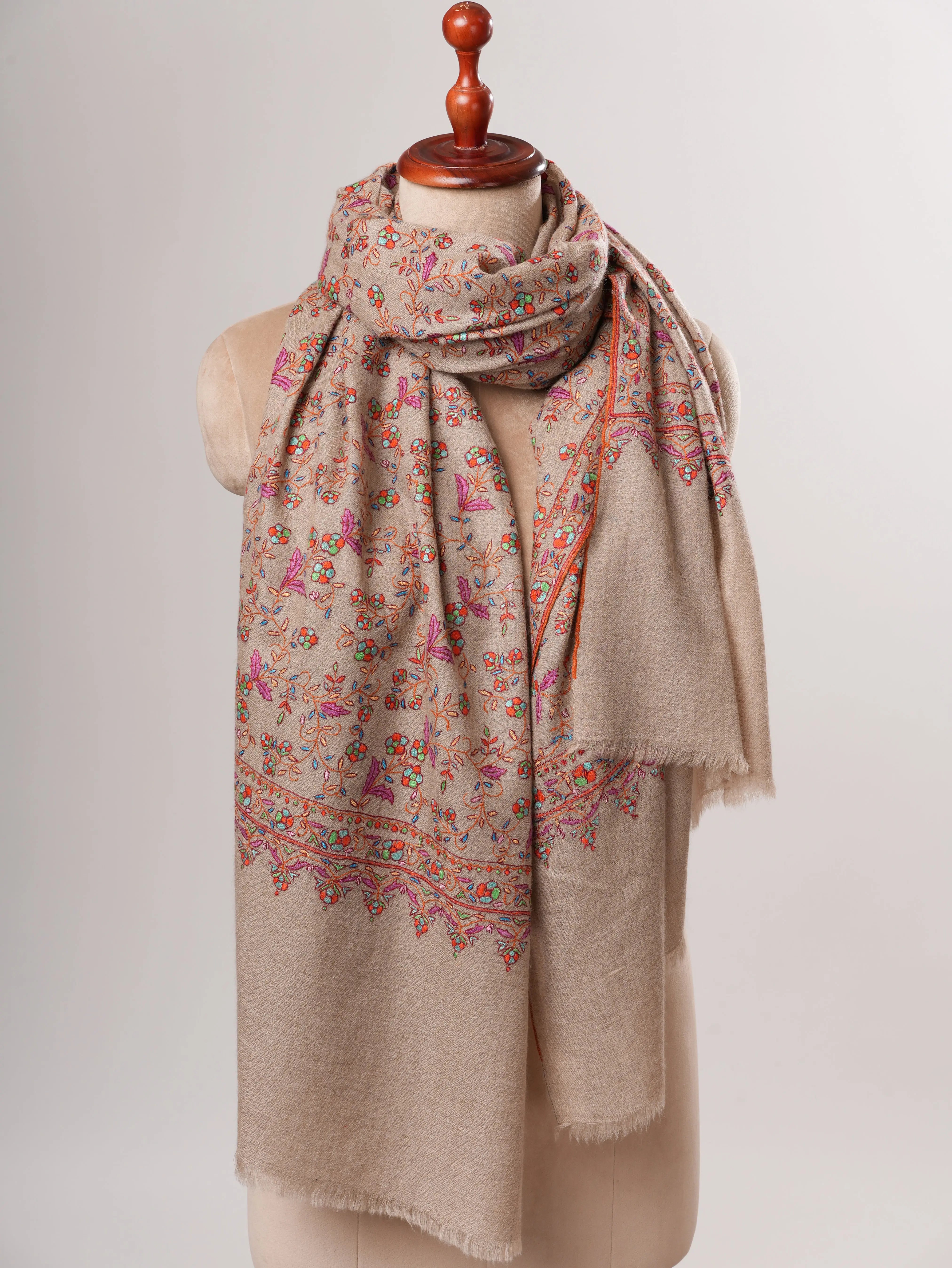 Natural Grey Kashmiri Pashmina Shawl with Jali Hand Embroidery Shahkaar