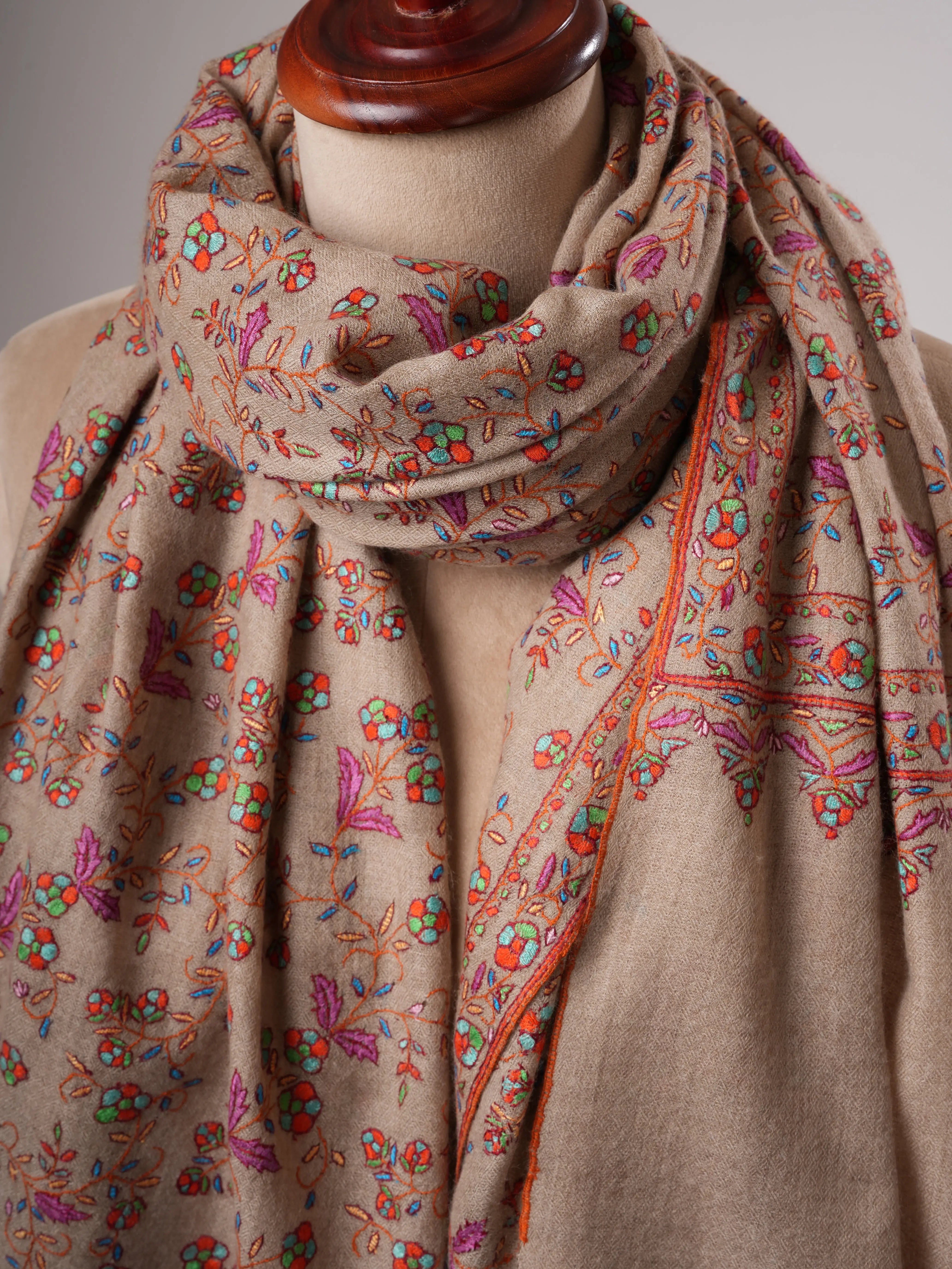 Natural Grey Kashmiri Pashmina Shawl with Jali Hand Embroidery Shahkaar