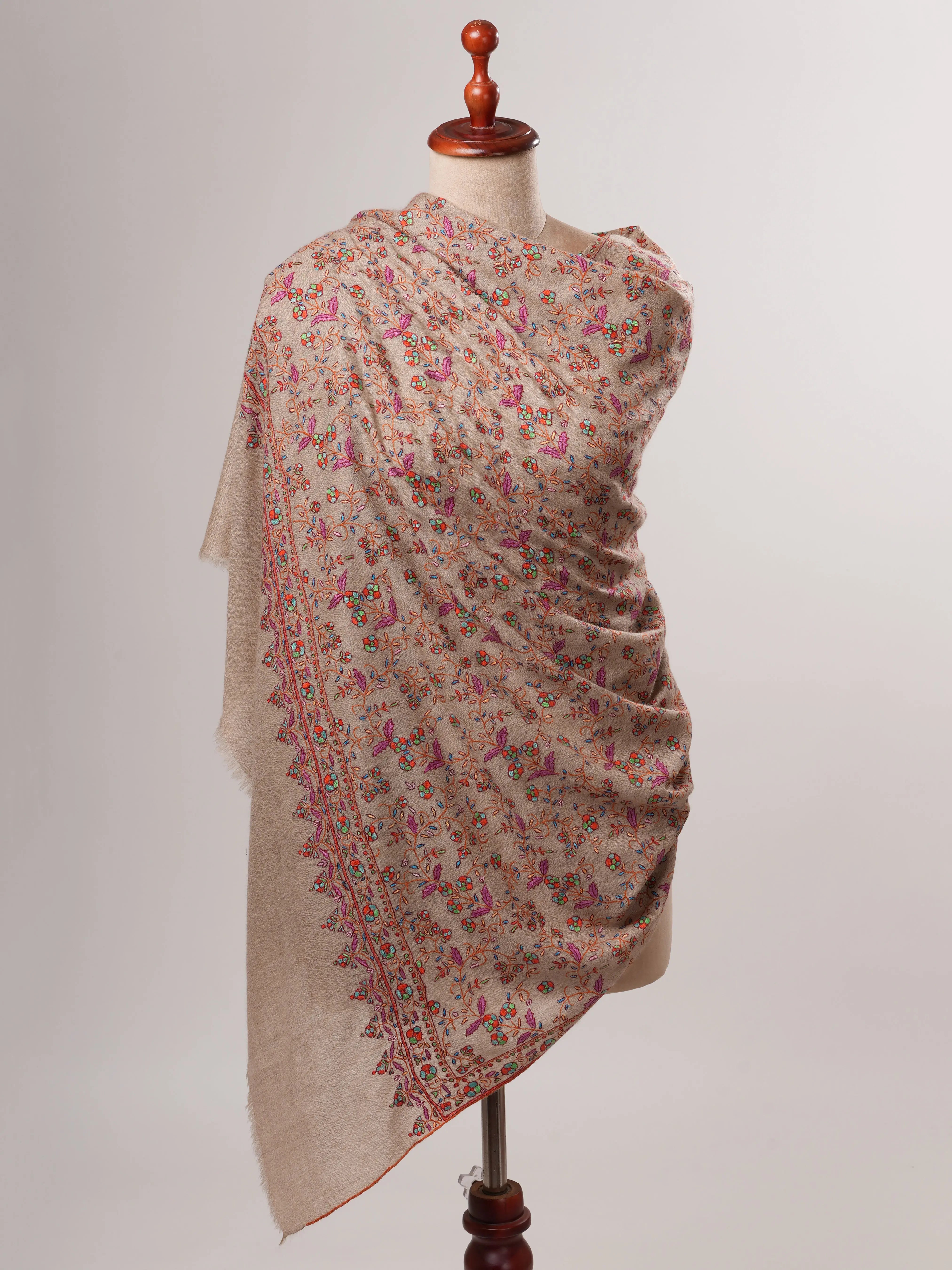 Natural Grey Kashmiri Pashmina Shawl with Jali Hand Embroidery Shahkaar