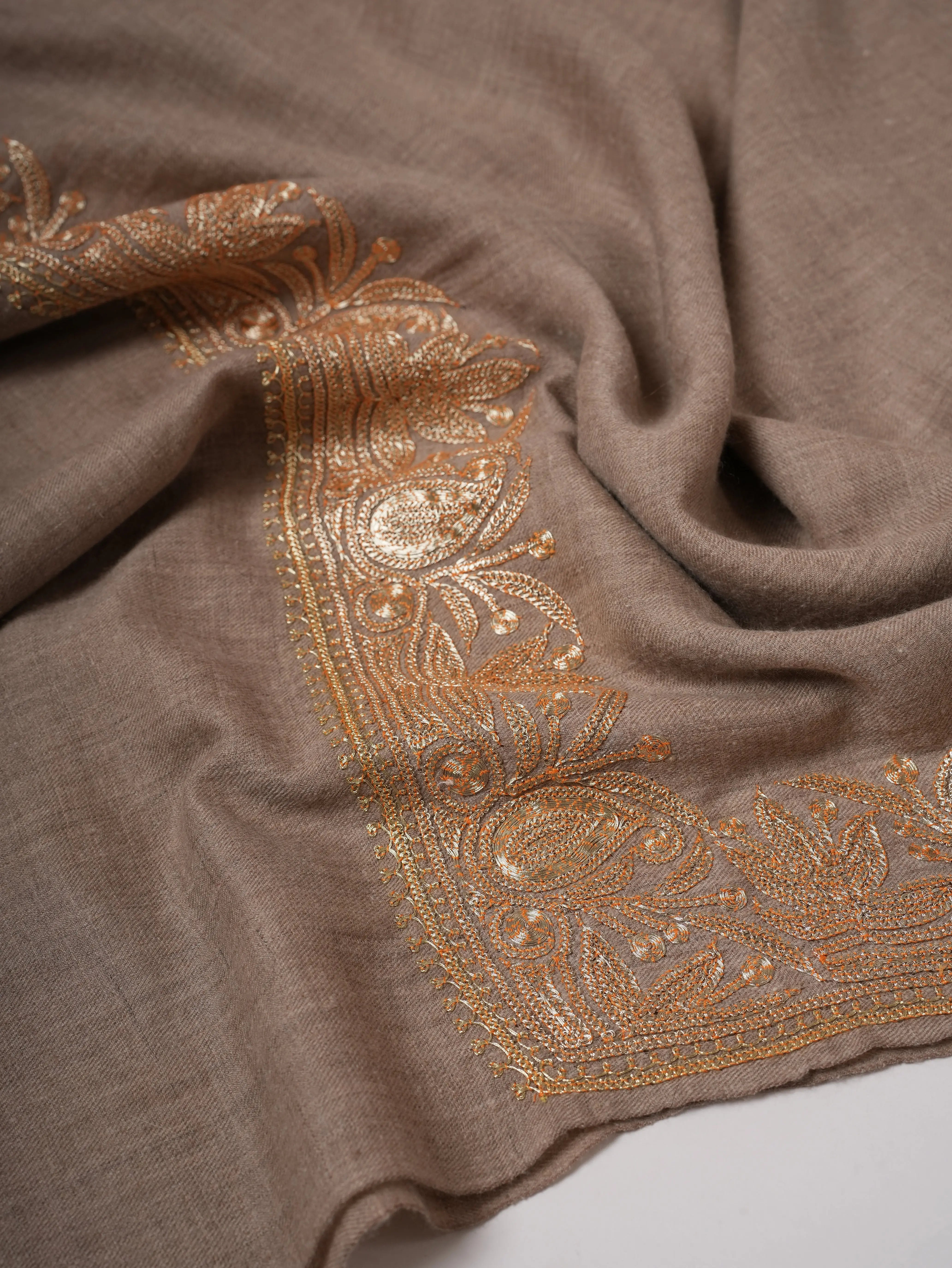Natural Grey Daurdar Pashmina Shawl with Gold Tilla Embroidery Shahkaar