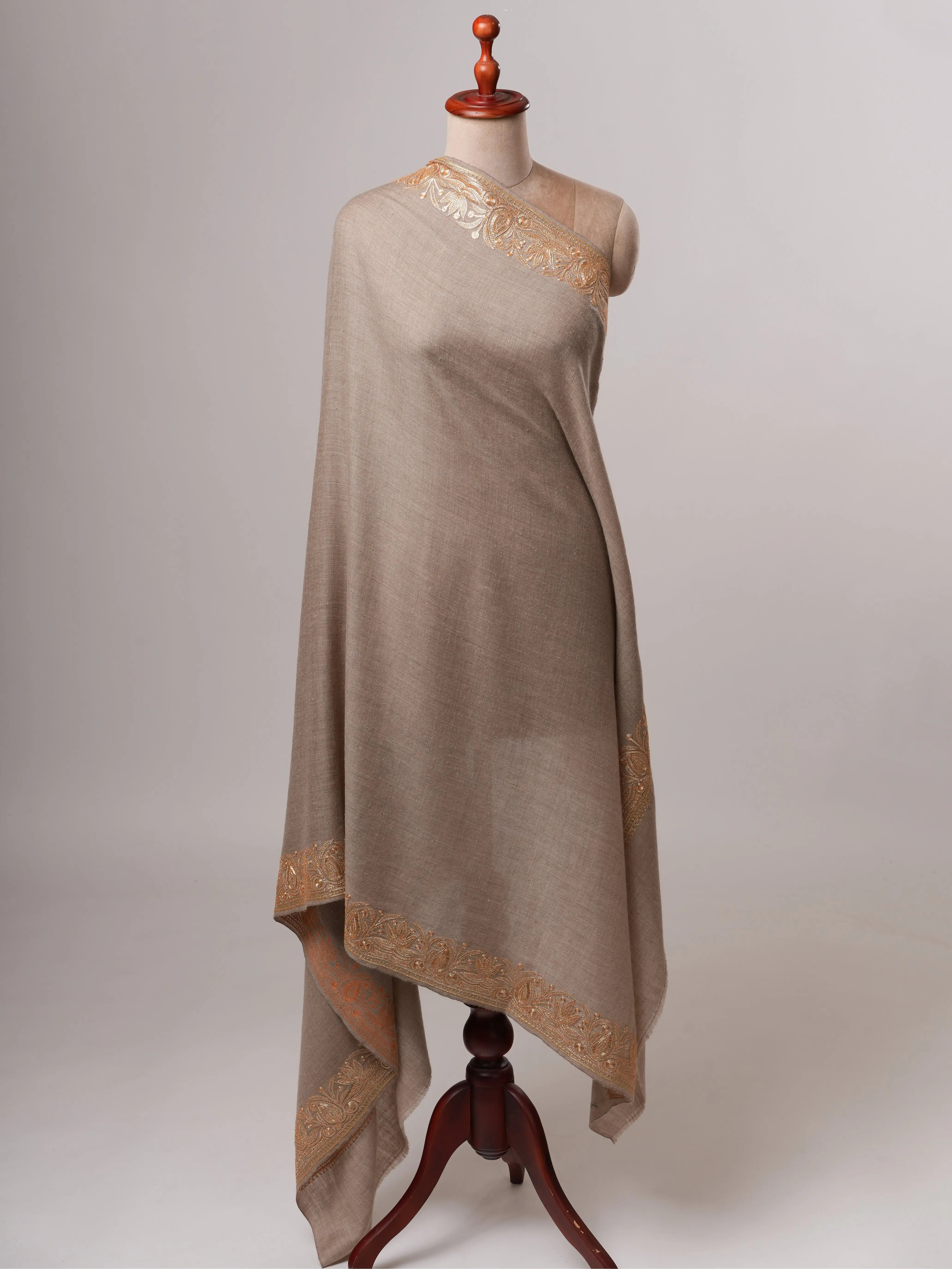 Natural Grey Daurdar Pashmina Shawl with Gold Tilla Embroidery Shahkaar
