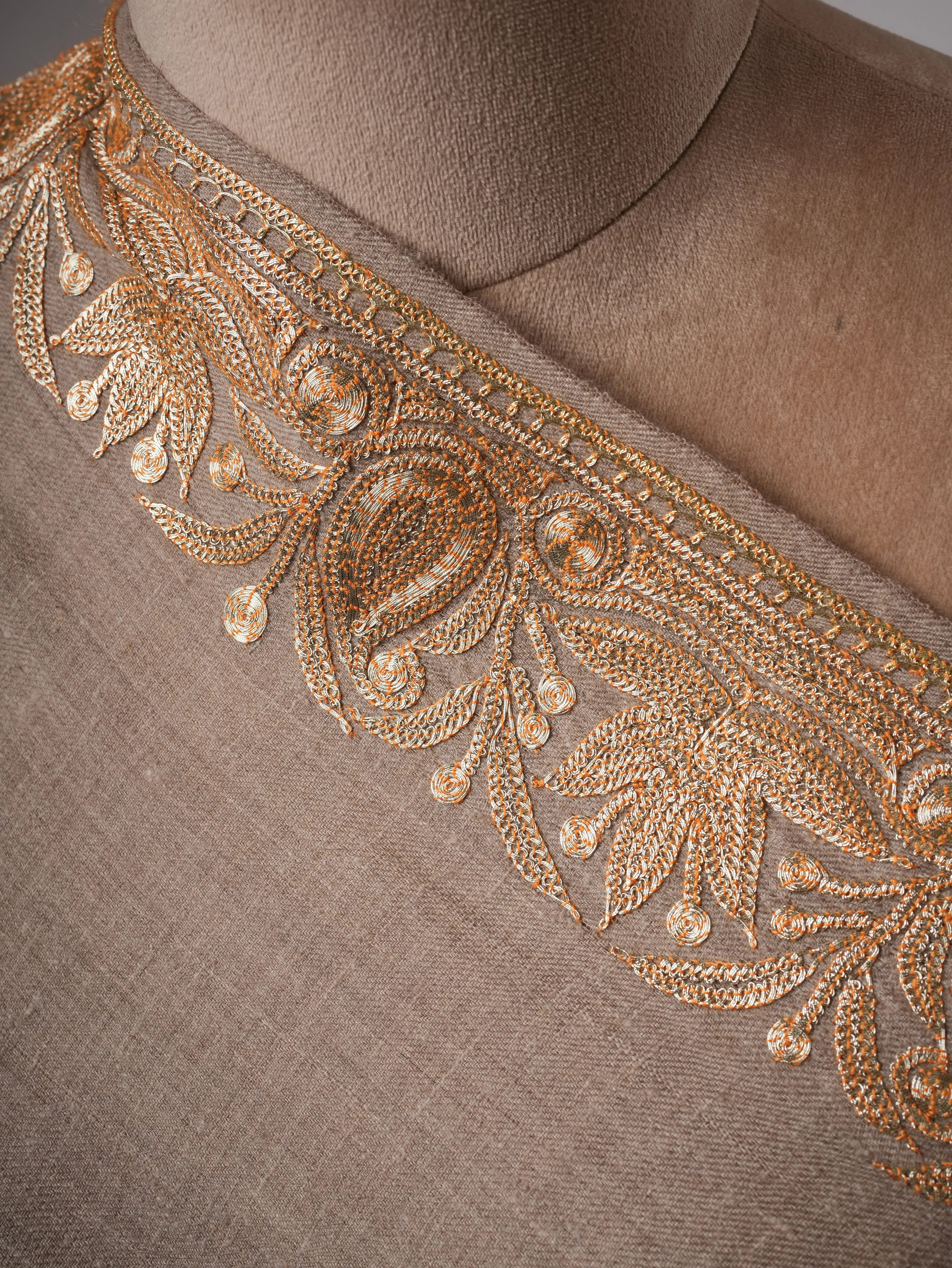 Natural Grey Daurdar Pashmina Shawl with Gold Tilla Embroidery Shahkaar