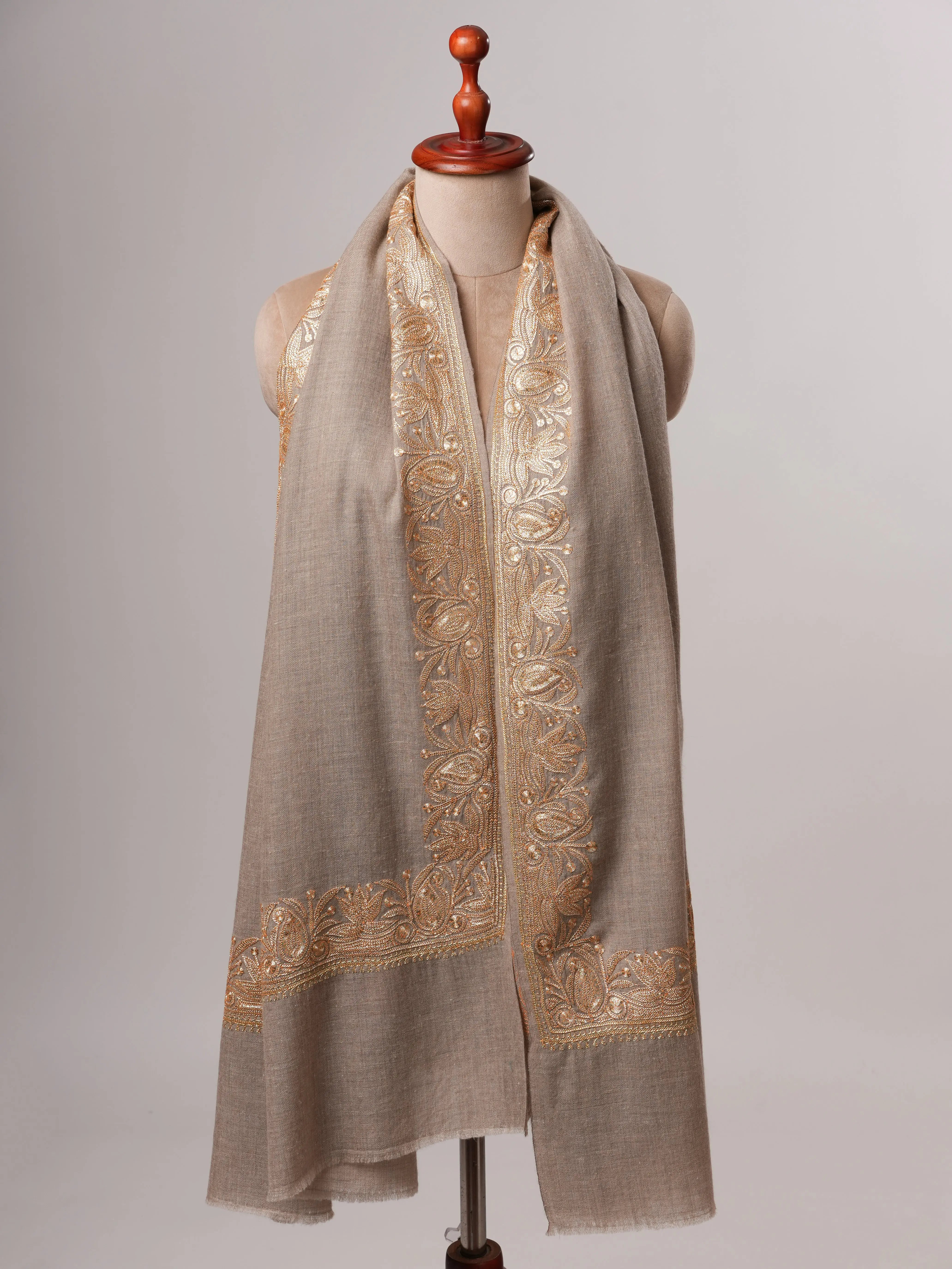 Natural Grey Daurdar Pashmina Shawl with Gold Tilla Embroidery Shahkaar