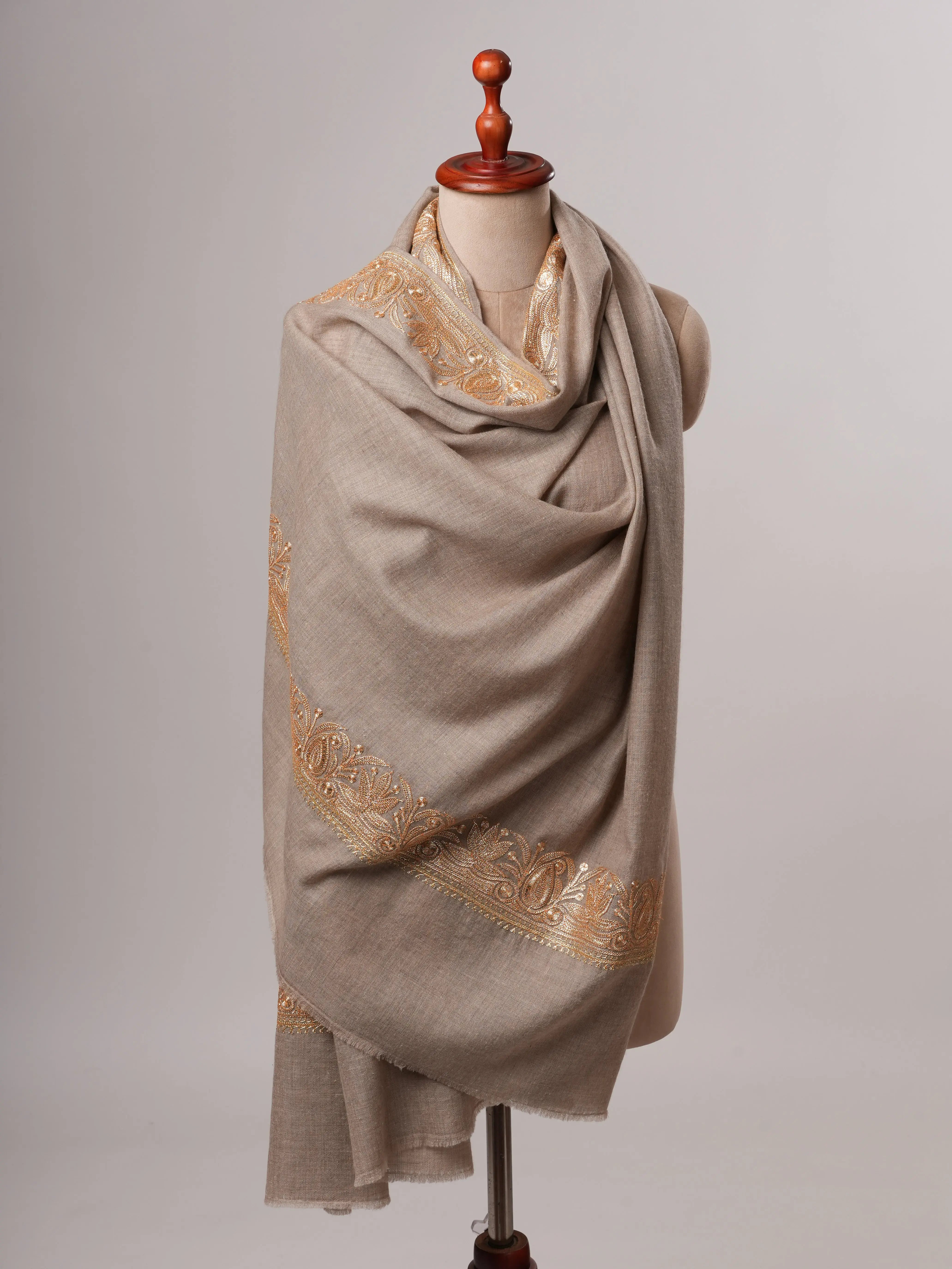 Natural Grey Daurdar Pashmina Shawl with Gold Tilla Embroidery Shahkaar