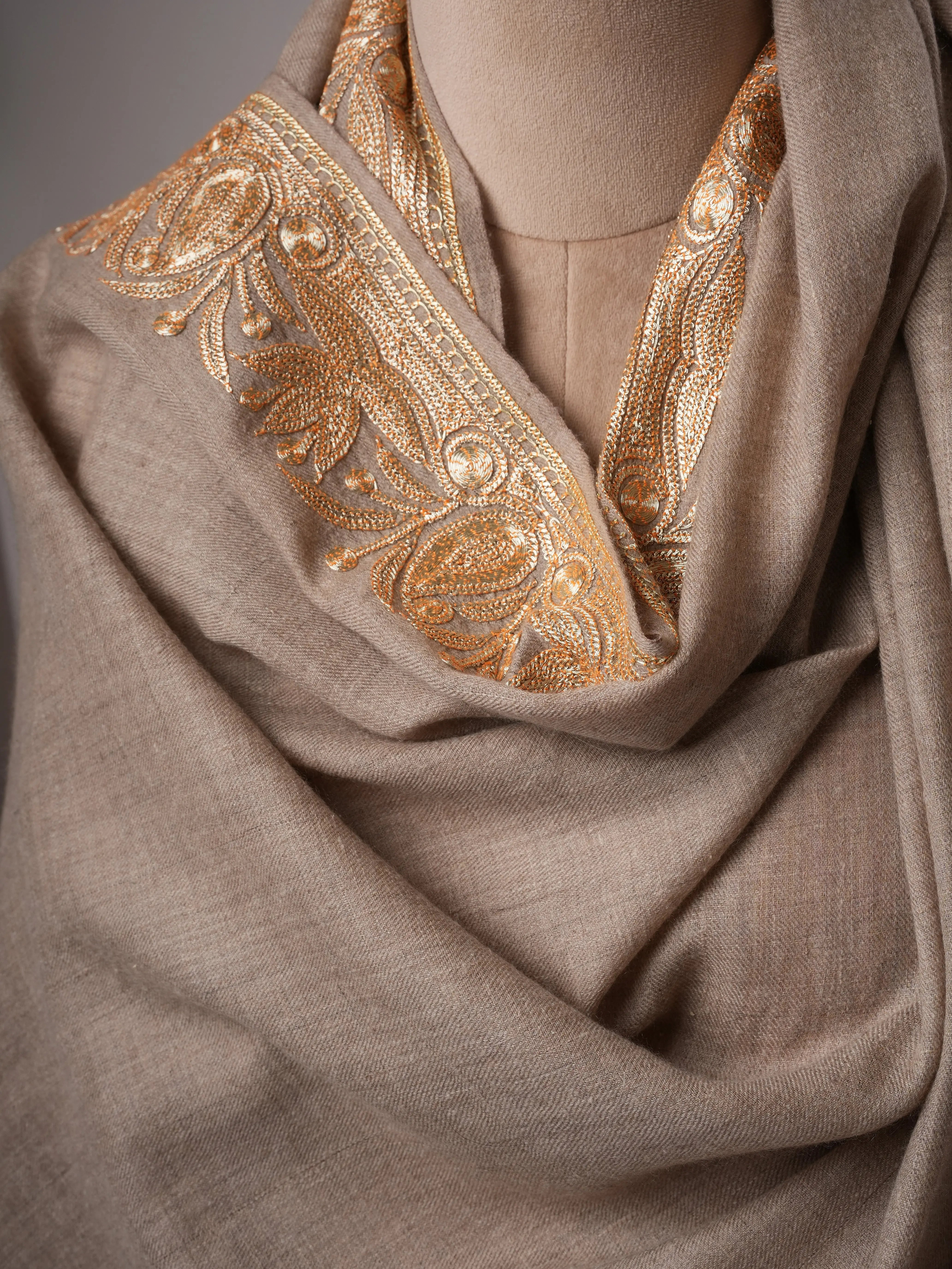 Natural Grey Daurdar Pashmina Shawl with Gold Tilla Embroidery Shahkaar