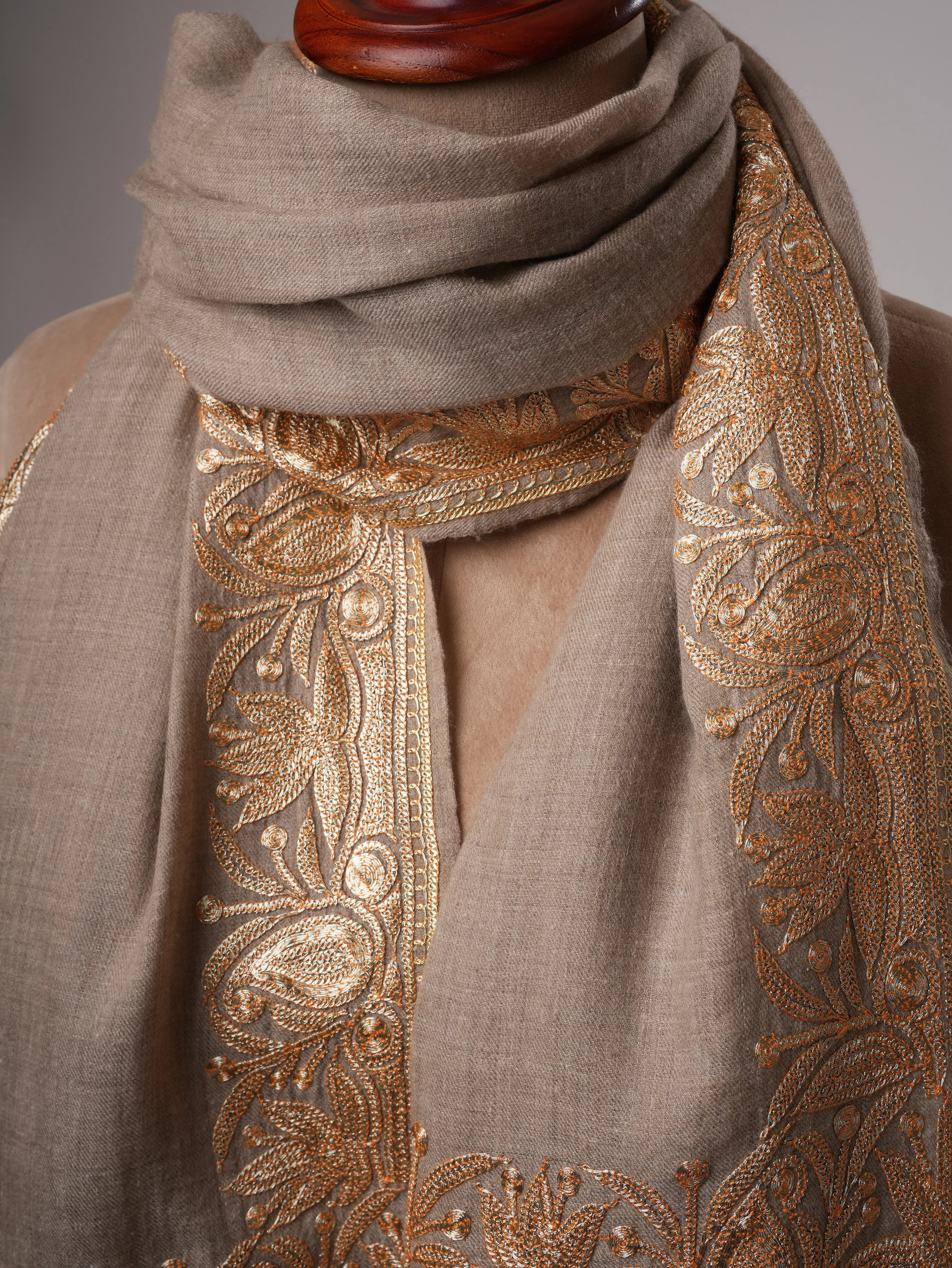 Natural Grey Daurdar Pashmina Shawl with Gold Tilla Embroidery Shahkaar