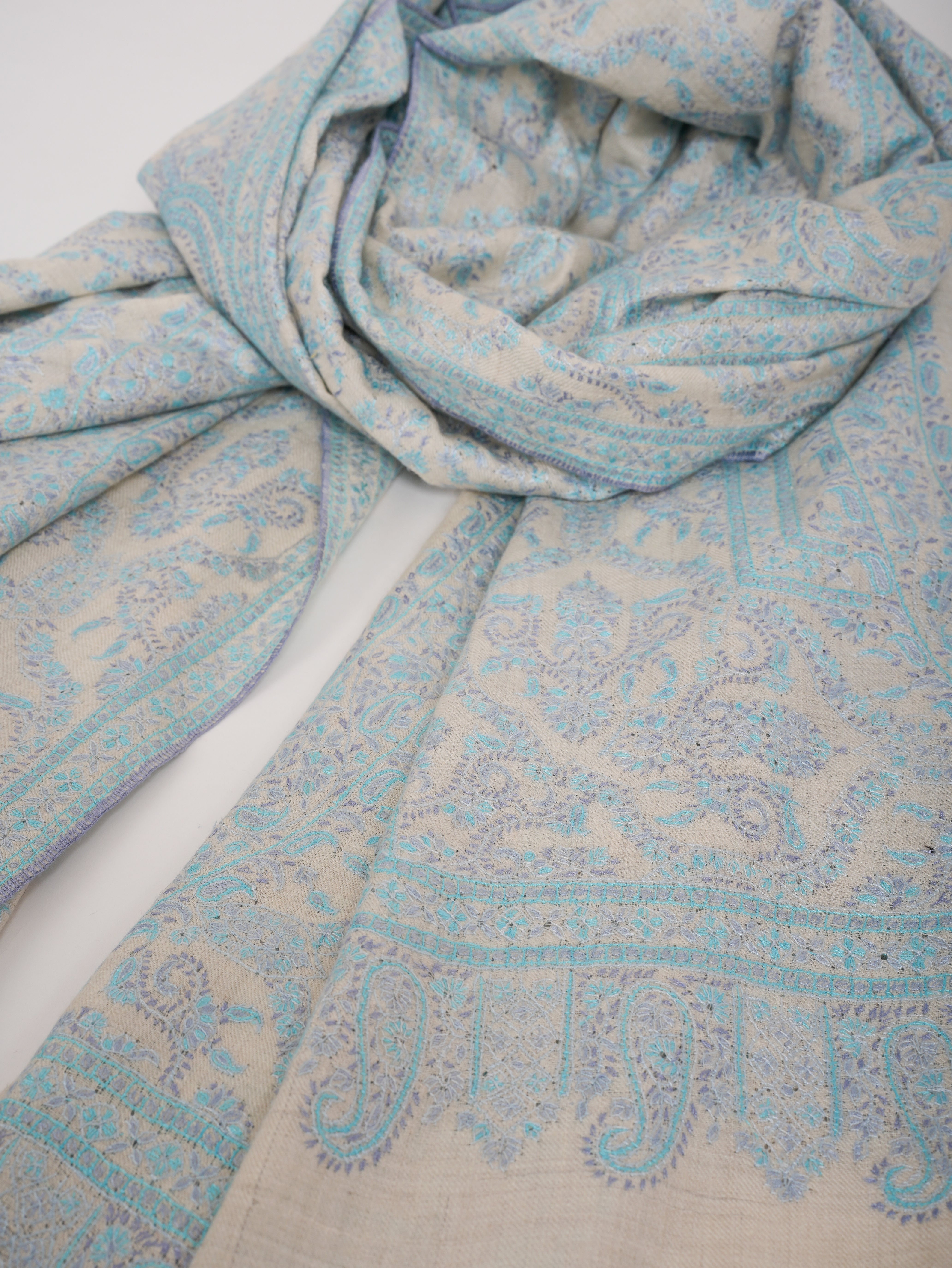 Pastel Blue Embroidered Indian Pashmina Jamavar Shawl