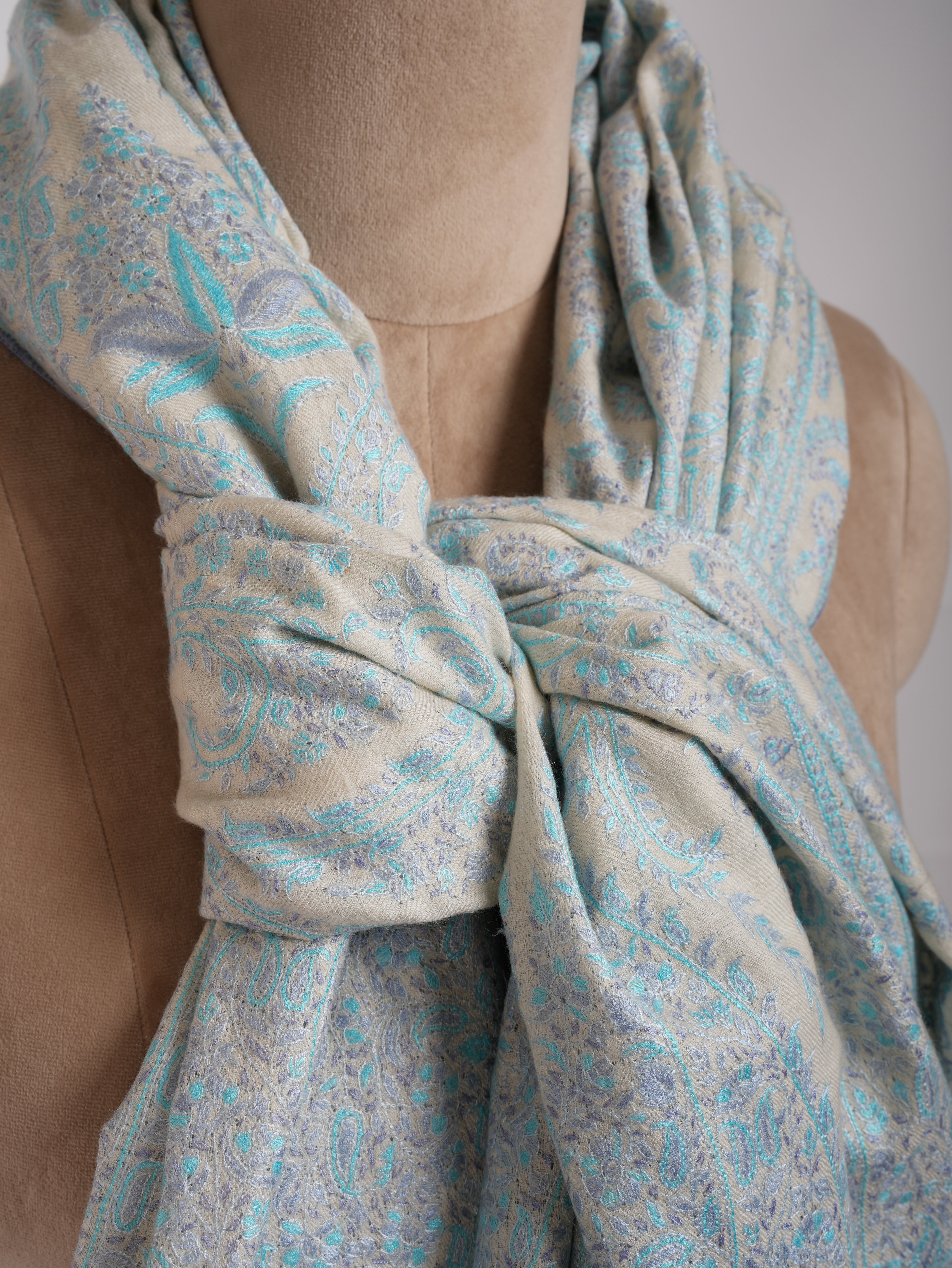 Pastel Blue Embroidered Indian Pashmina Jamavar Shawl