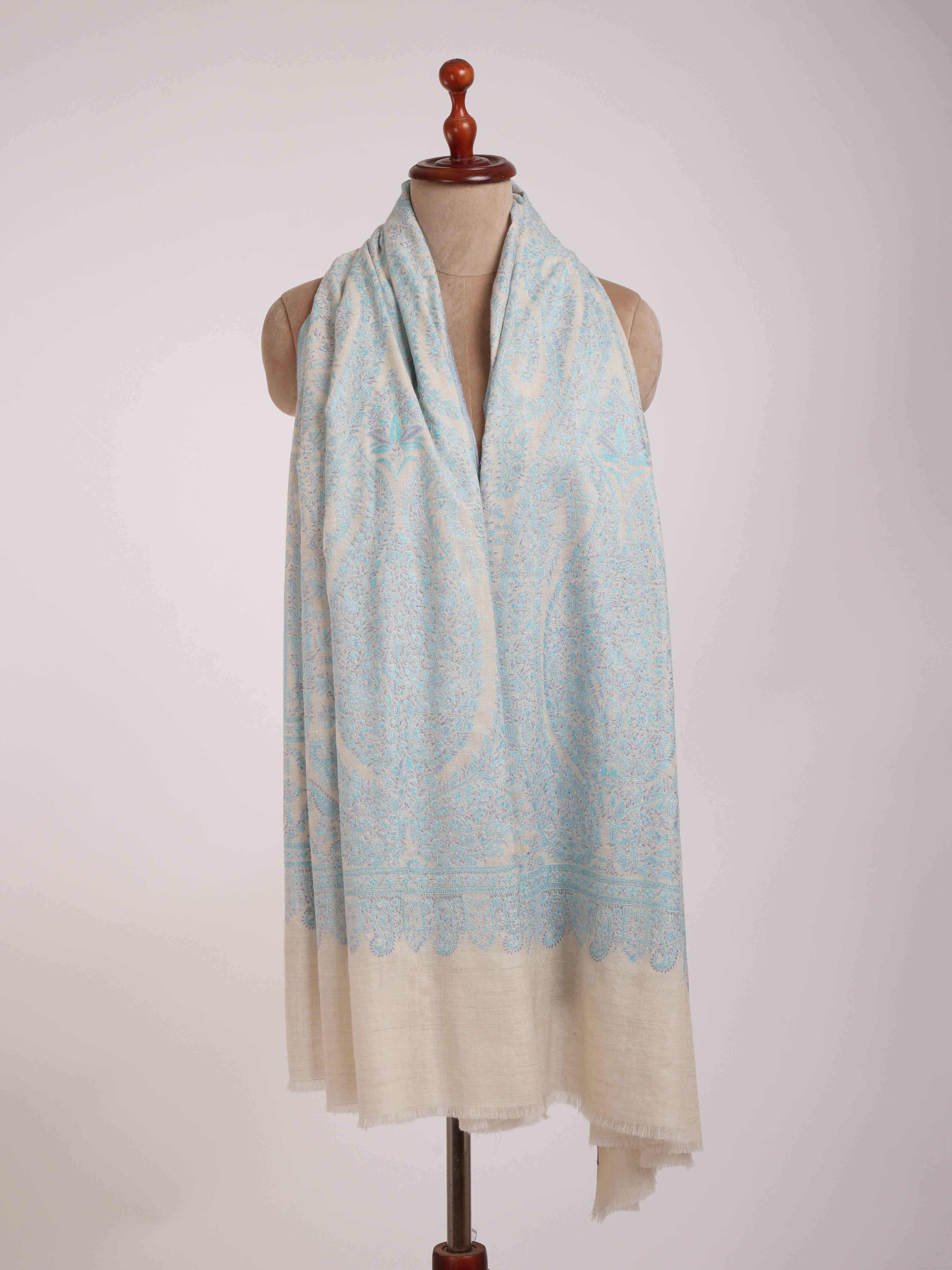 Pastel Blue Embroidered Indian Pashmina Jamavar Shawl