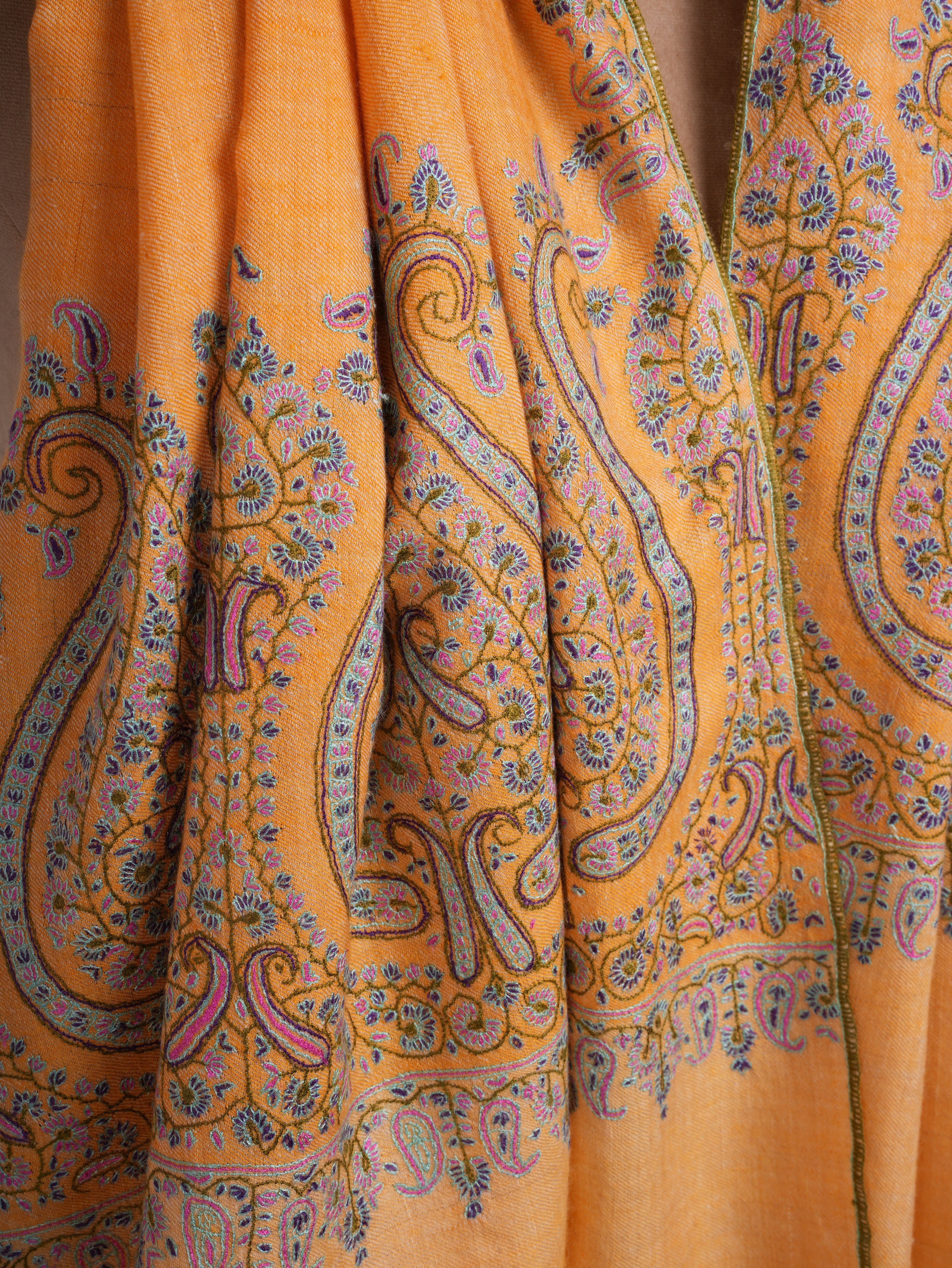 Orange Kashmir Pashmina Shawl with Palla Sozni Embroidery