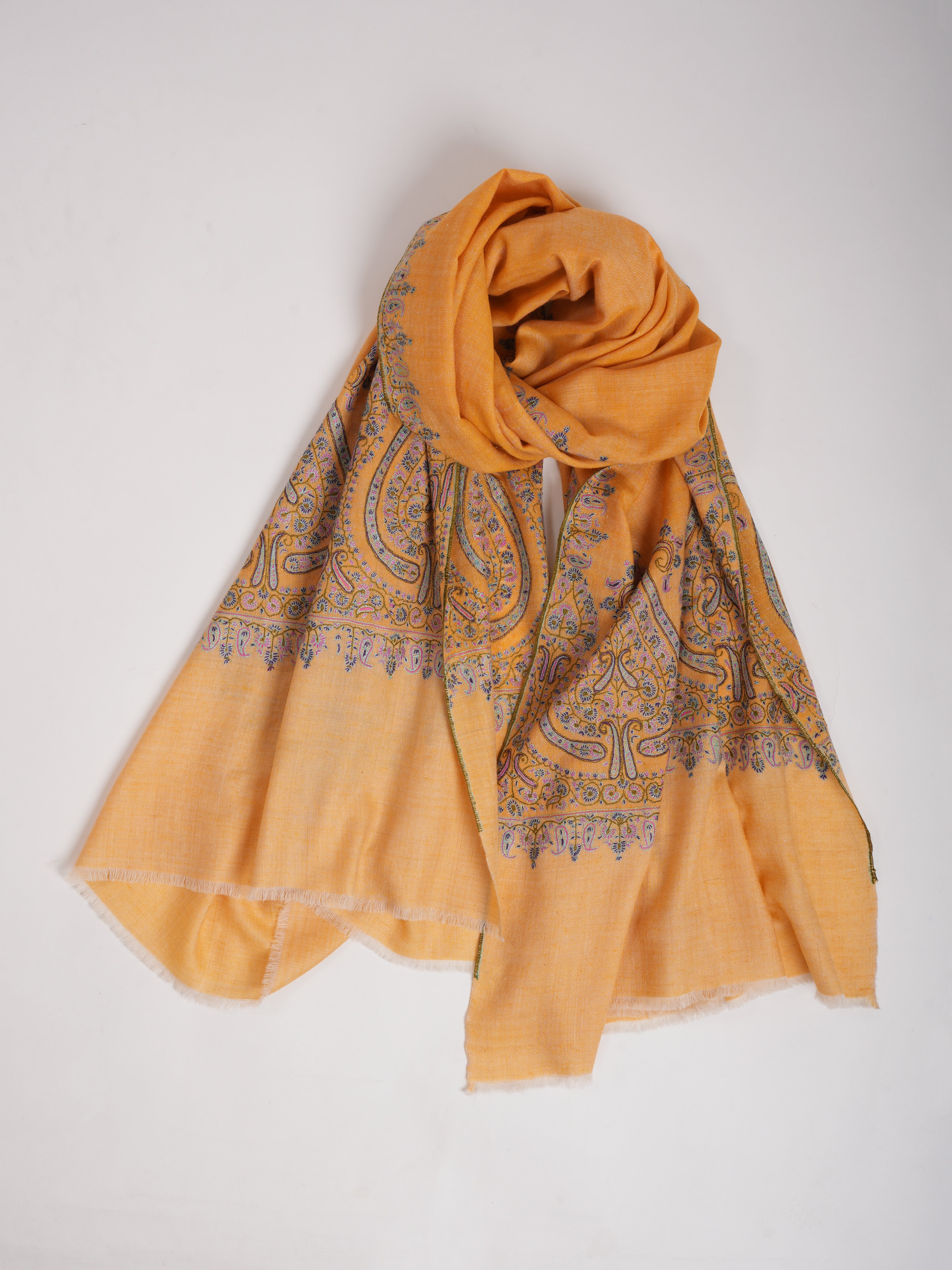Orange Kashmir Pashmina Shawl with Palla Sozni Embroidery