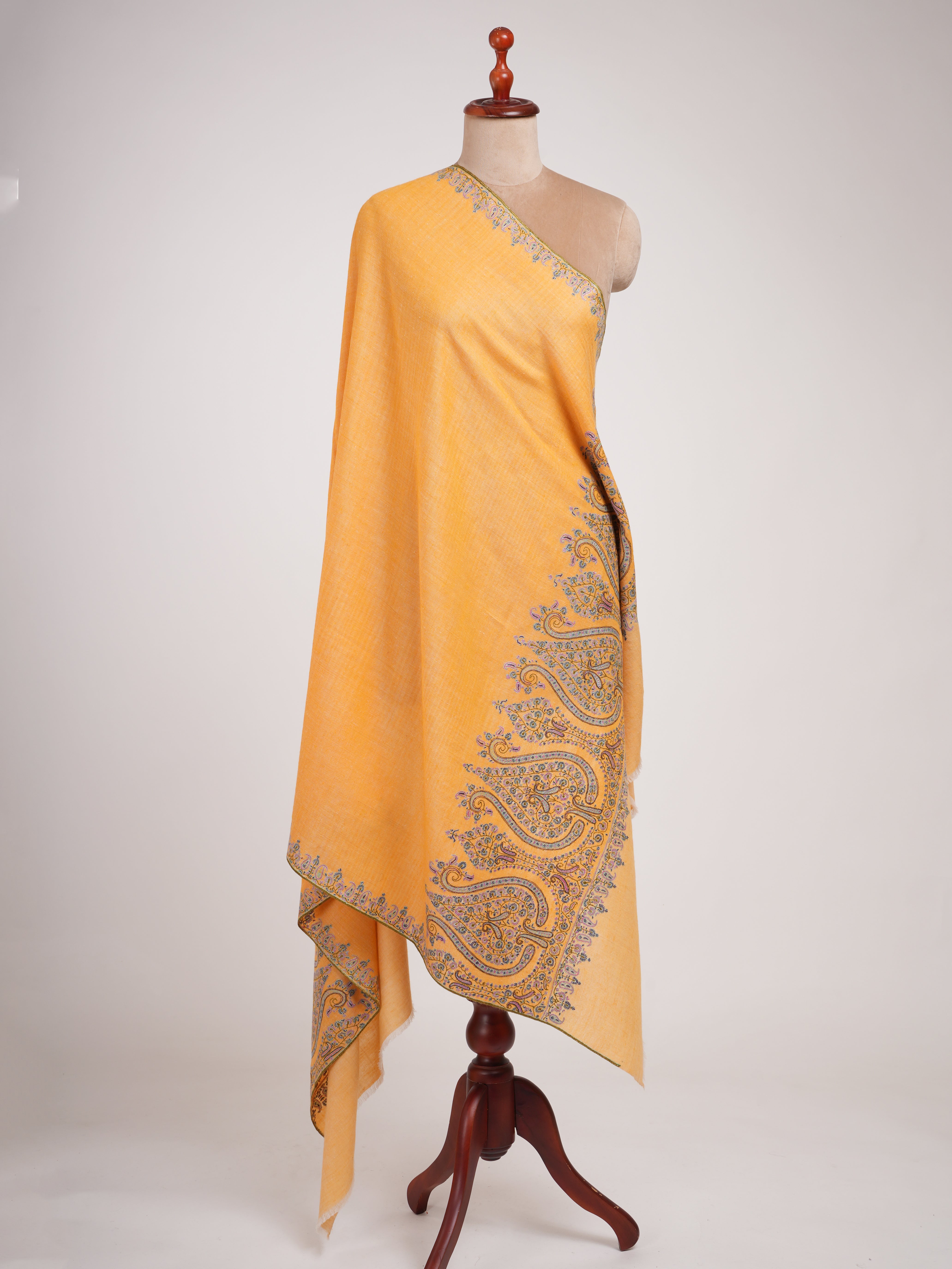 Orange Kashmir Pashmina Shawl with Palla Sozni Embroidery