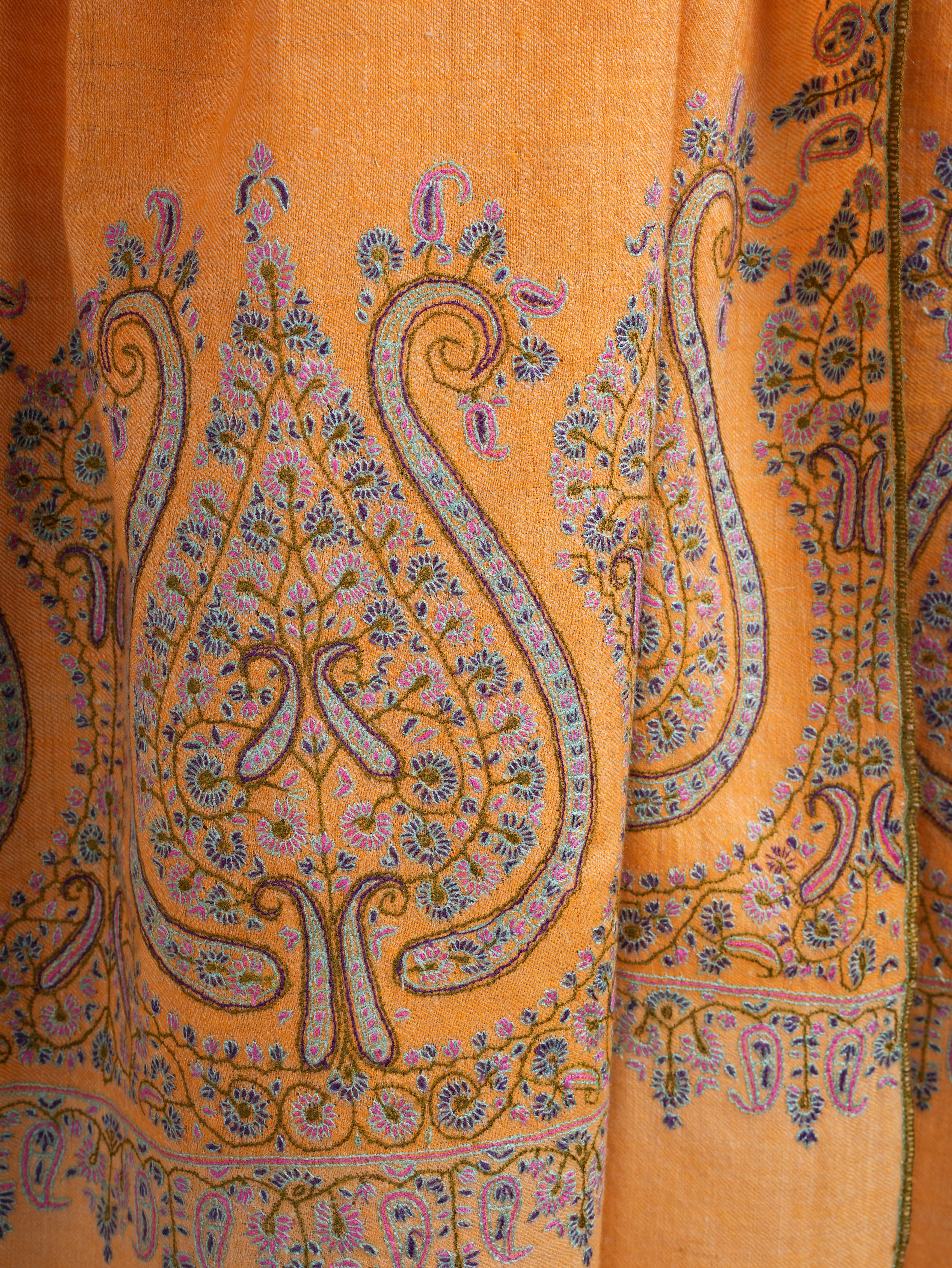 Orange Kashmir Pashmina Shawl with Palla Sozni Embroidery