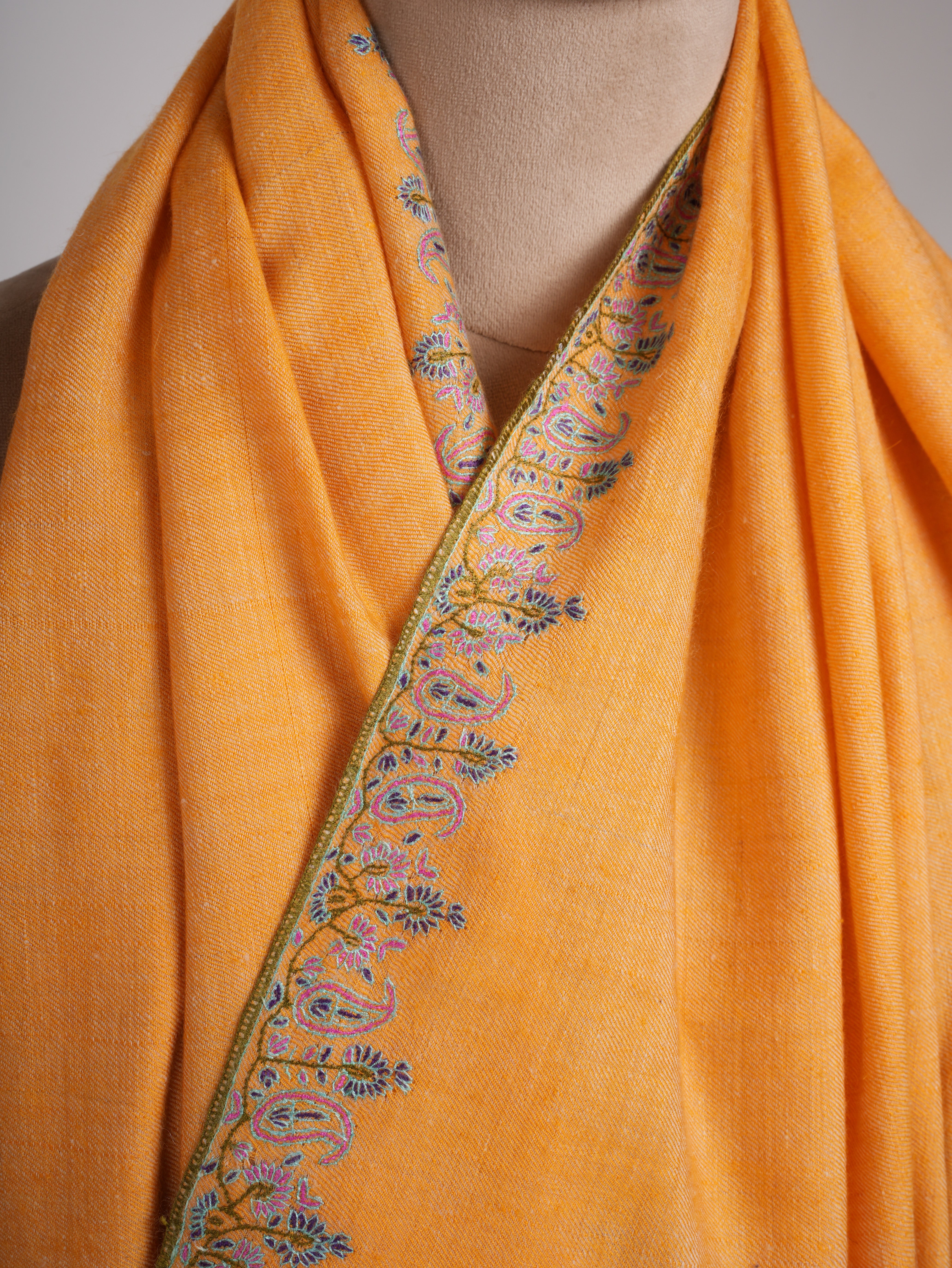 Orange Kashmir Pashmina Shawl with Palla Sozni Embroidery