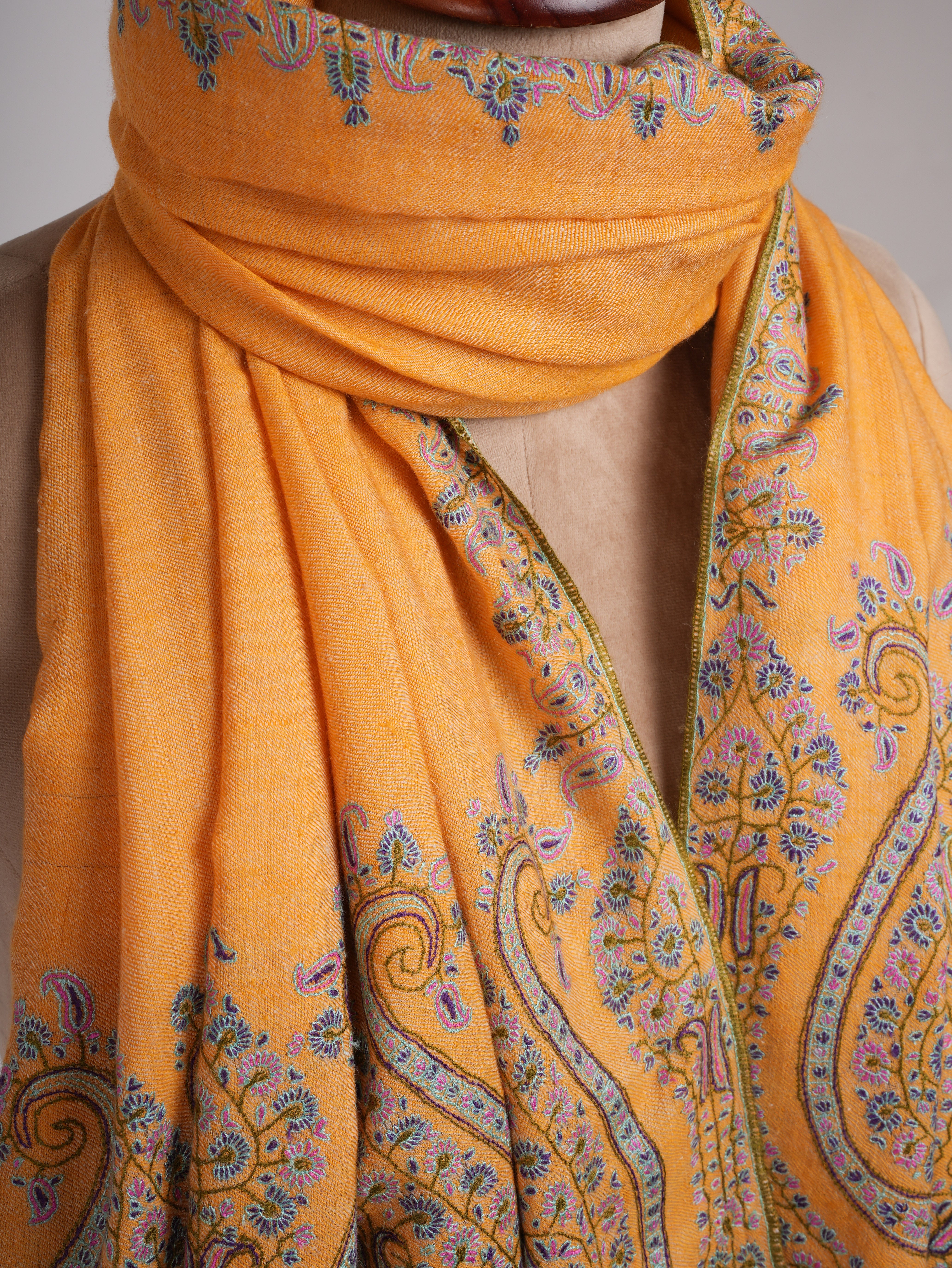 Orange Kashmir Pashmina Shawl with Palla Sozni Embroidery