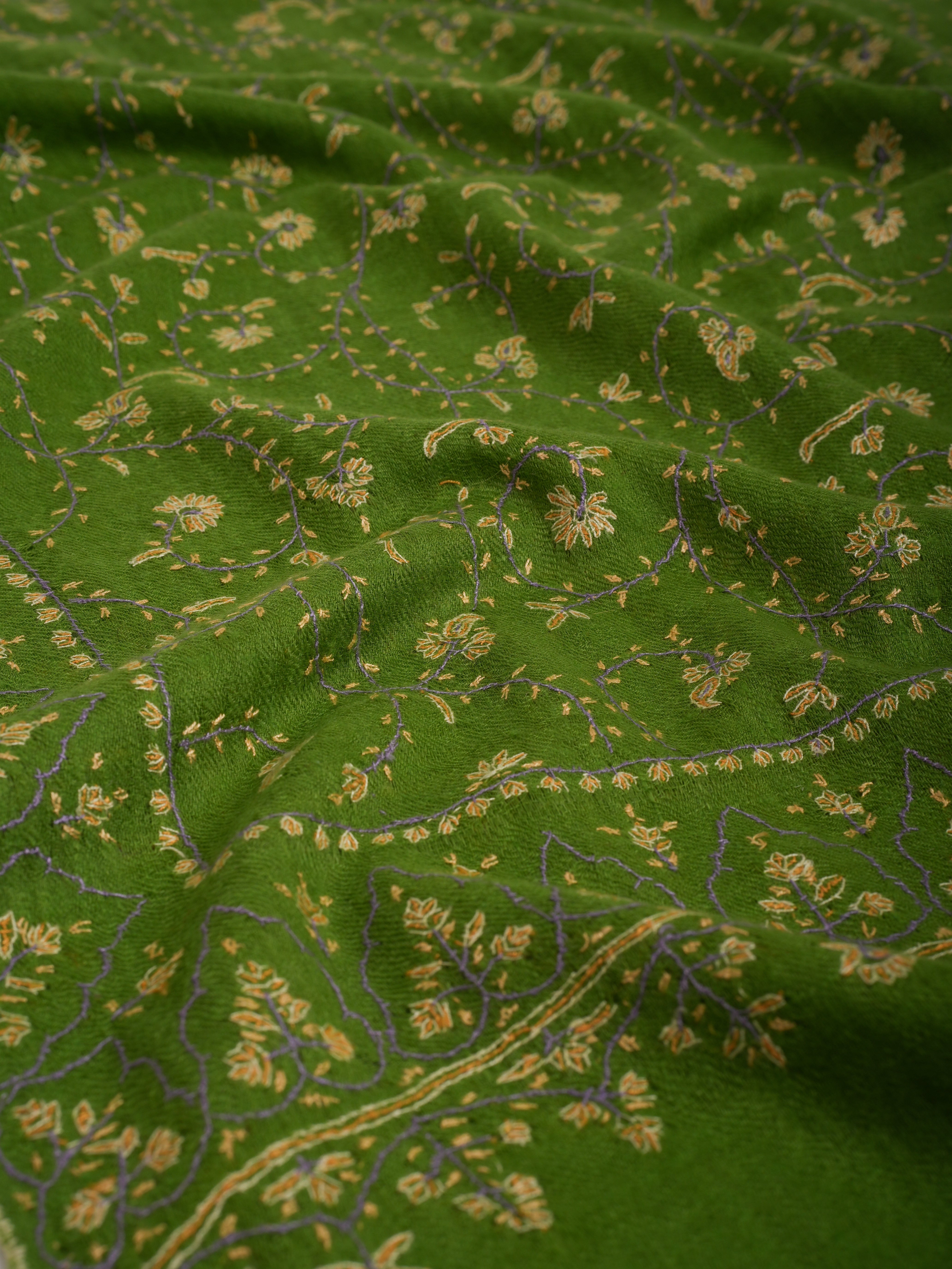 Green Hand Embroidered Jali Cashmere Scarf - Shahkaar