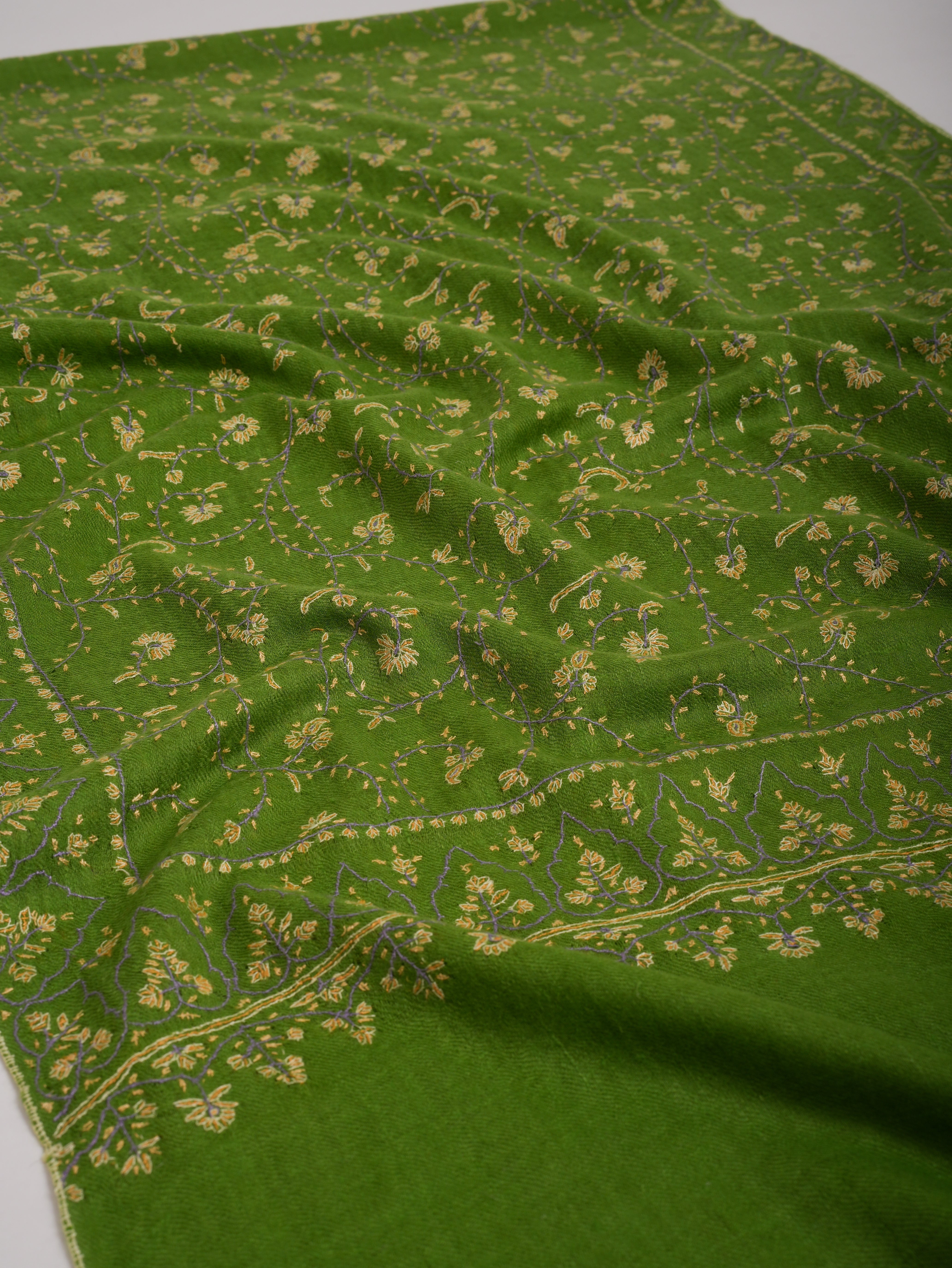 Green Hand Embroidered Jali Cashmere Scarf - Shahkaar