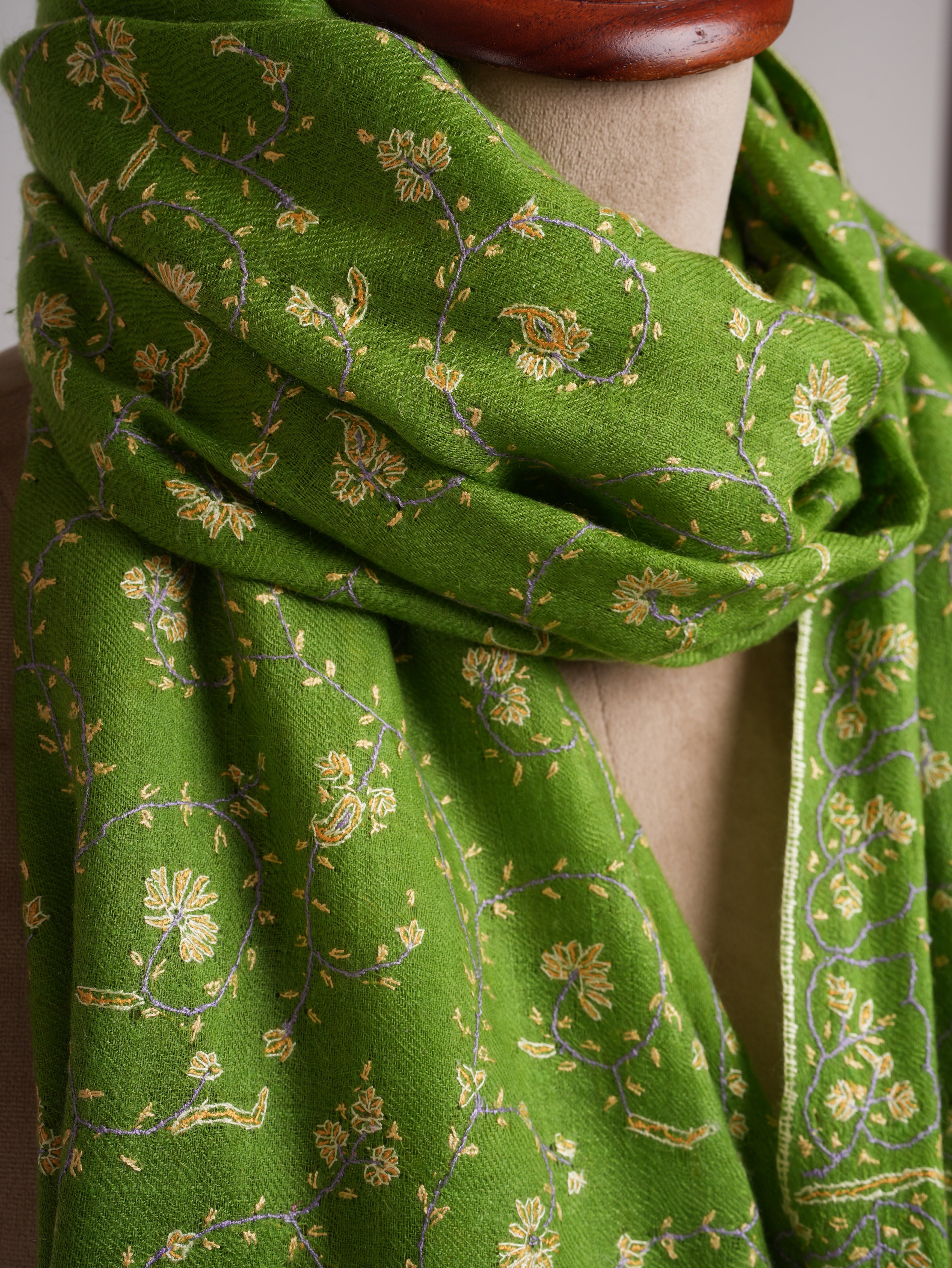 Green Hand Embroidered Jali Cashmere Scarf - Shahkaar