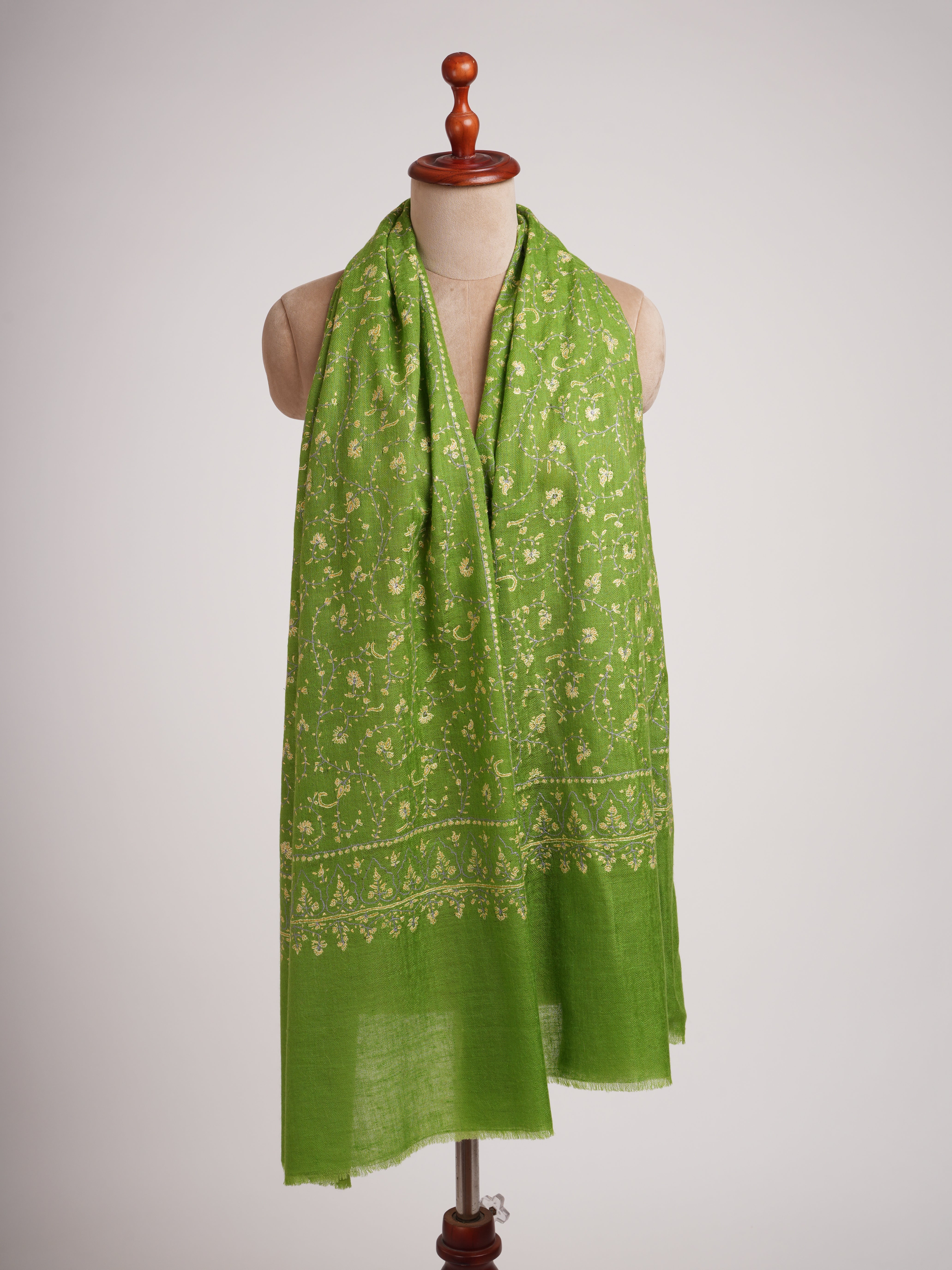 Green Hand Embroidered Jali Cashmere Scarf - Shahkaar